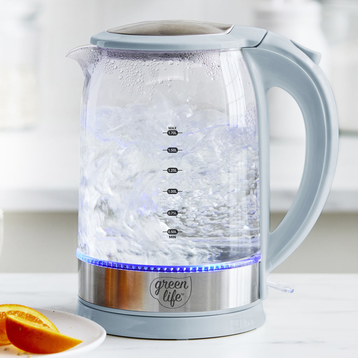 GreenLife Qwik & EZ Glass Kettle - Fast Boiling Electric Water Kettle with Blue Haze Design for Tea, Coffee & Hot Drinks | Perfect for Home, Office & Dorm Use