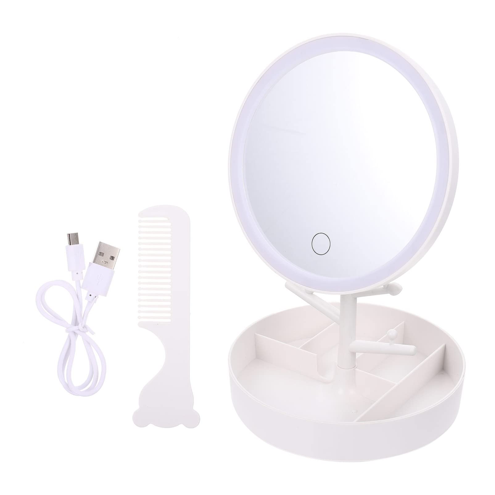 FRCOLOR Touch Screen LED Makeup Mirror with Adjustable Brightness - Rechargeable Vanity Mirror with Cosmetic Organizer for Home & Travel | Perfect for Makeup Application, Skincare Routine, and Salon Professionals
