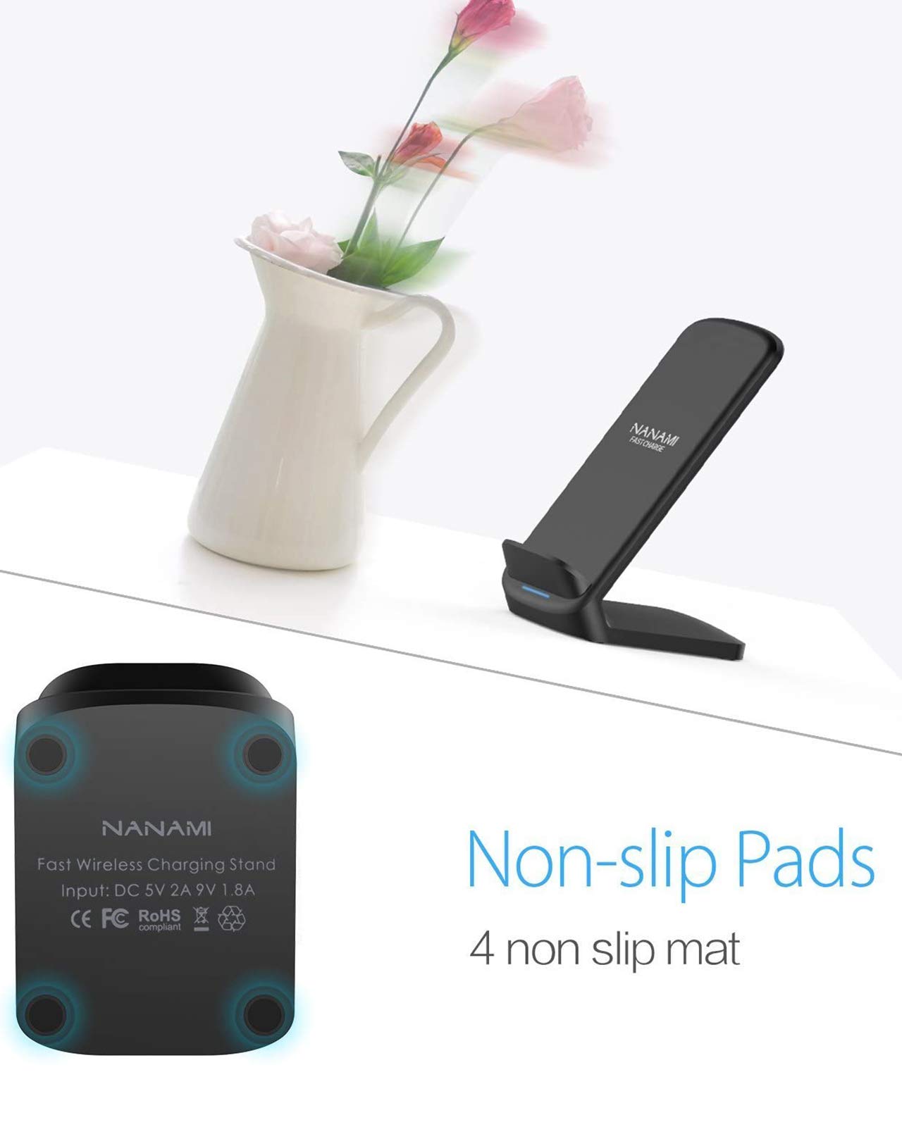 NANAMI Upgraded Fast Wireless Charger Stand - Qi-Certified 15W Fast Charging for iPhone 16/16 Plus/16 Pro/16 Pro Max/15/14/13/12 & Samsung Galaxy S24/S23/S22/S21/S20 - Perfect for Home, Office & Nightstand Charging