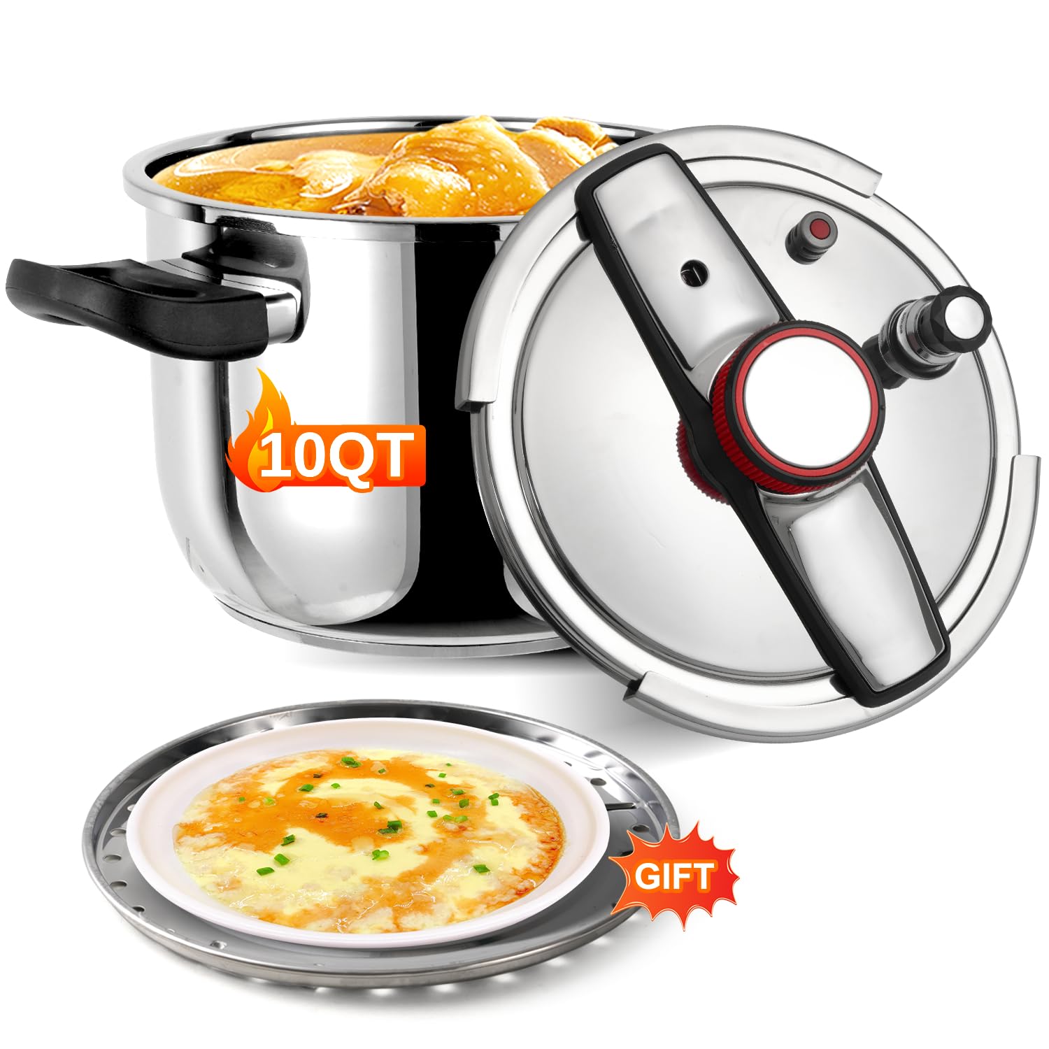 10 QT Stainless Steel Pressure Cooker & Canner - Explosion-Proof, Rotating Lock Lid, One-Hand Operation - Thickened Silicone Ring & Anti-Scald Handle (Silver) - Perfect for Canning, Meal Prep & Fast Cooking
