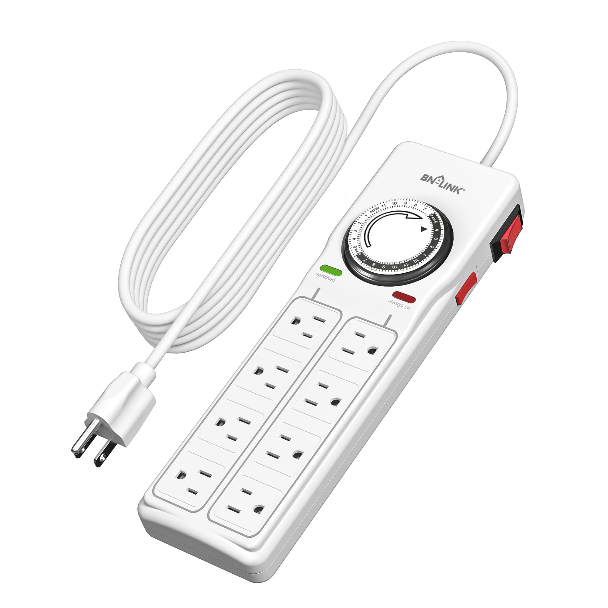 BN-LINK 8 Outlet Surge Protector with Mechanical Timer - 4 Timed & 4 Always On Outlets, 1875W/15A, White - Perfect for Home Office, Electronics & Appliance Safety Protection