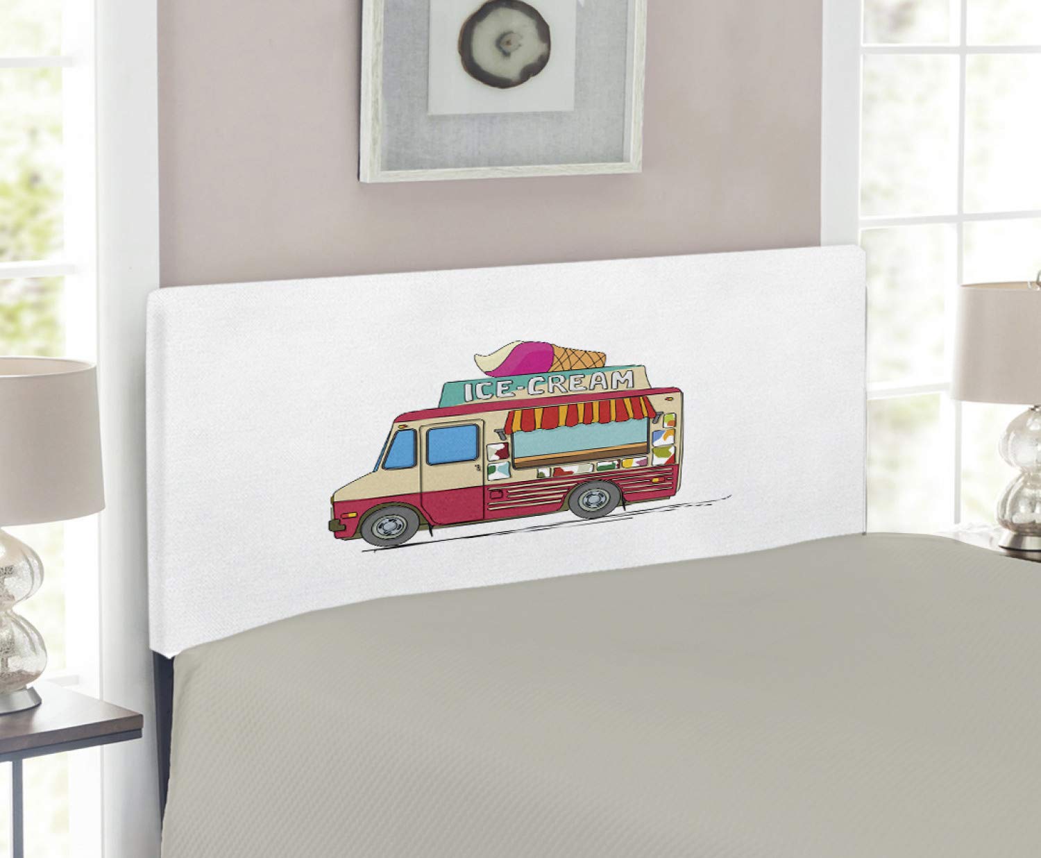Ambesonne Truck Headboard - Colorful Ice Cream Truck Design, Cartoon Style Cutaway Vehicle Decorative Metal Bed Headboard with Memory Foam, Twin Size, Multicolor | Perfect for Kids' Bedroom, Nursery Decor & Themed Room Design