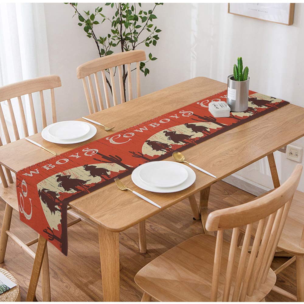 Swono Cowboys Table Runner - Cotton Linen Western Decor with Horse Silhouette Design, Non-Slip Kitchen & Dining Table Cloth (14x72 Inches) - Perfect for Coffee Tables, Tea Parties, and Western-Themed Dinner Decor