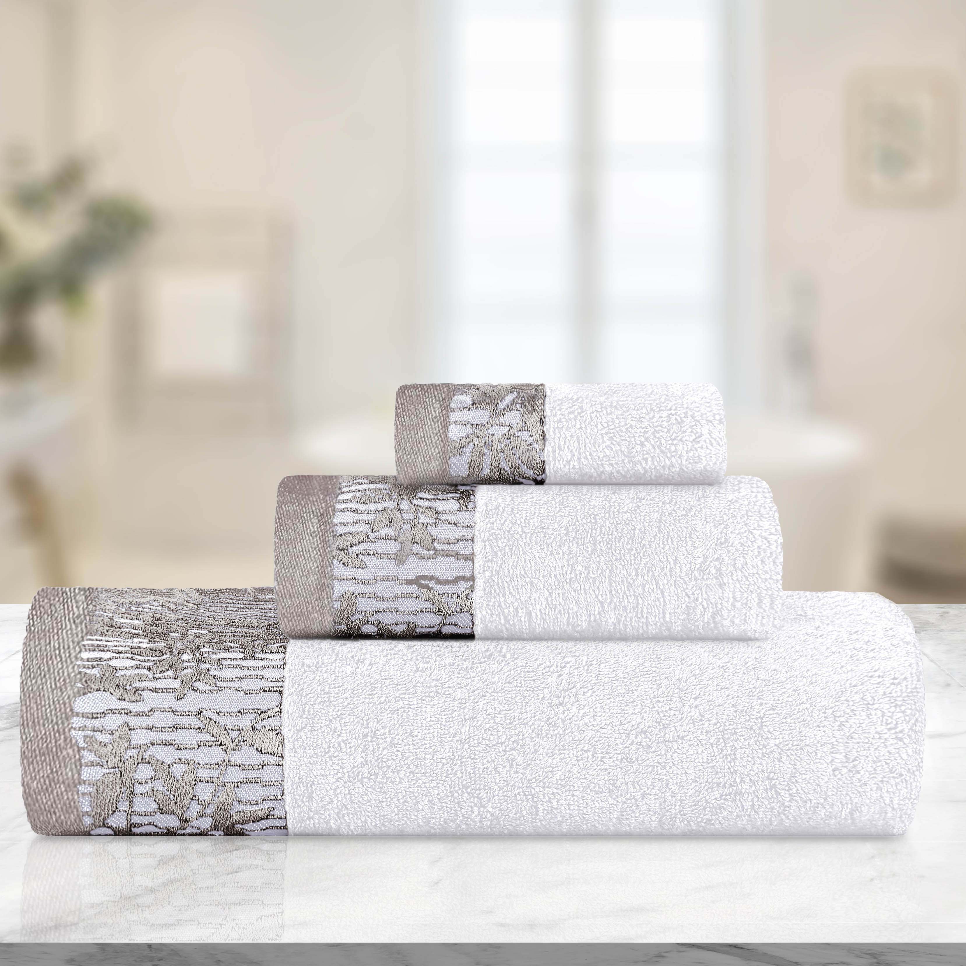 Wisteria Cotton Floral Embroidered Jacquard Border 3-Piece Bath Towel Set - Soft & Absorbent for Bathroom, Spa, and Guest Use
