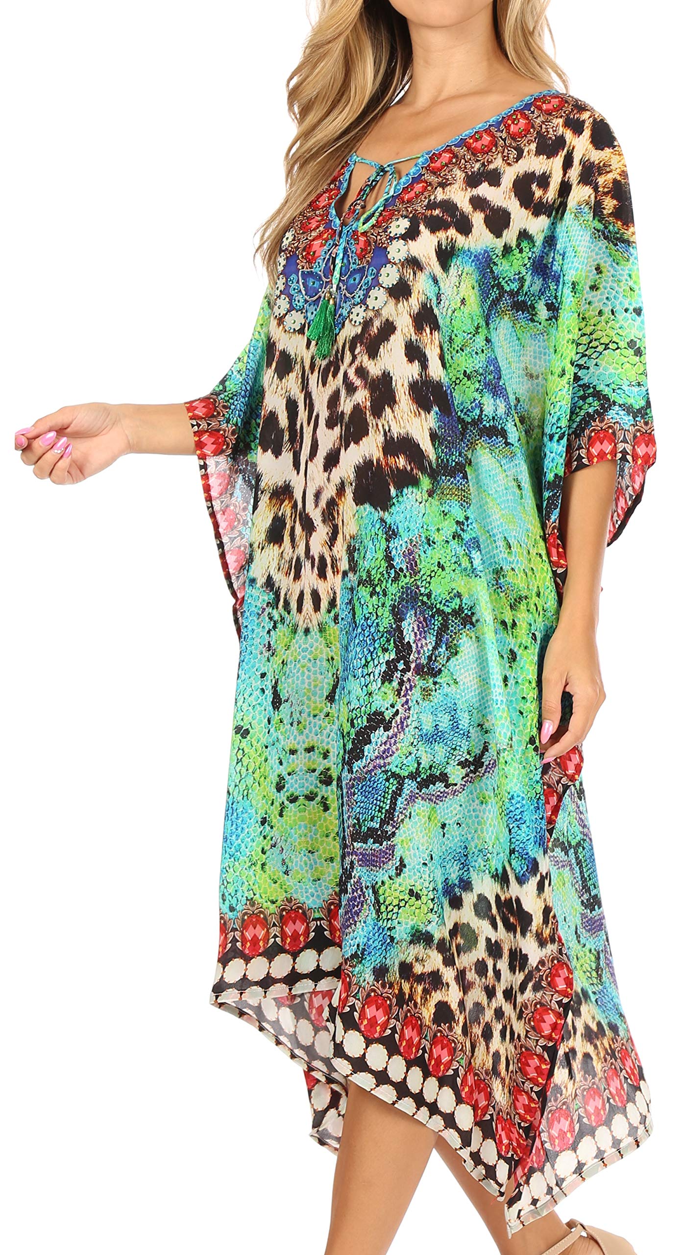 Sakkas Jenni Women's Boho Caftan Dress - Flowy Mid-Length Kaftan with Rhinestone Details for Beach Cover Up, Summer Vacation & Boho Fashion