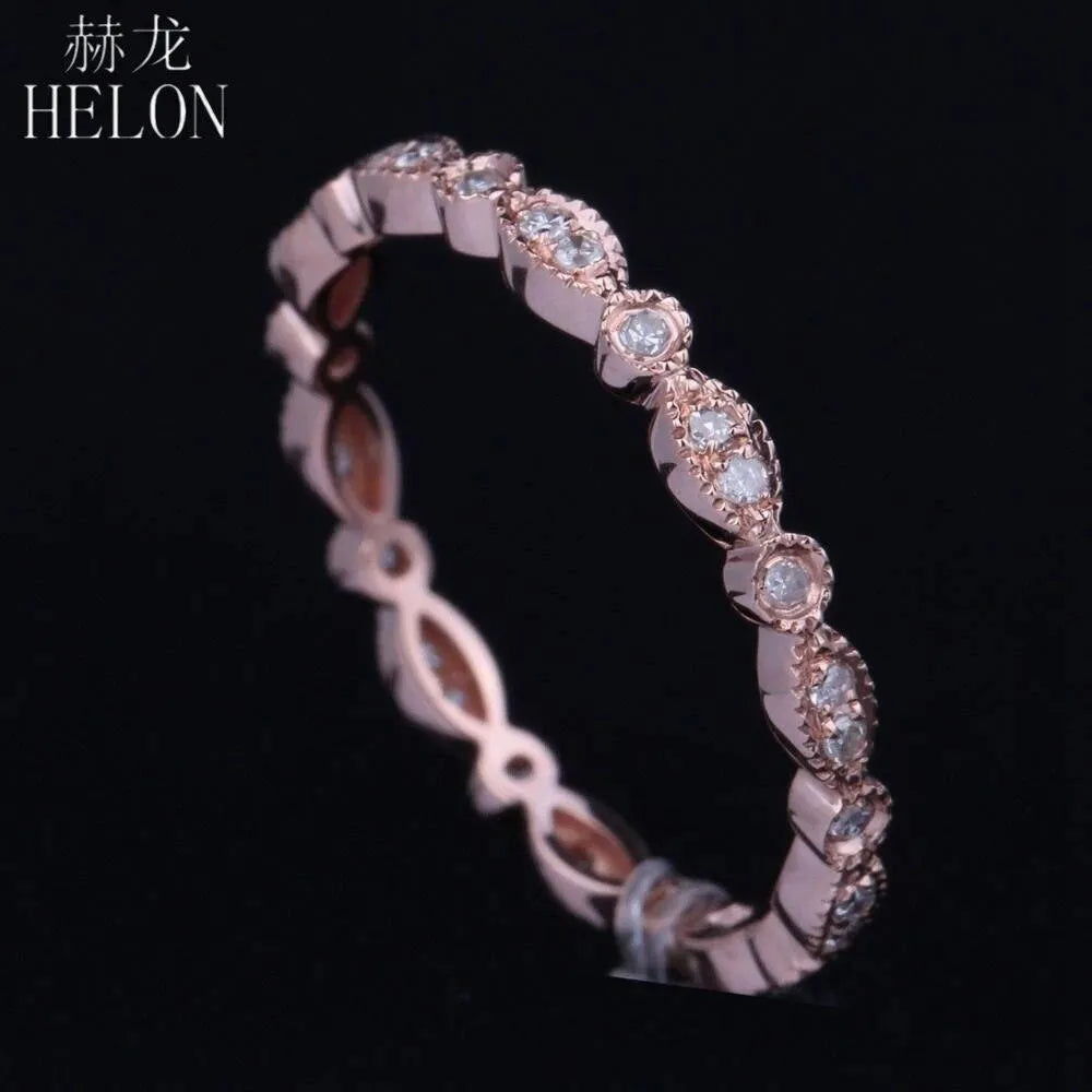 HELON 14K Rose Gold Pave Diamond Wedding Band - Solid Natural Diamond Ring for Women, Art Deco Antique Style Anniversary Jewelry Gift | Perfect for Engagement, Bridal Sets & Special Occasions