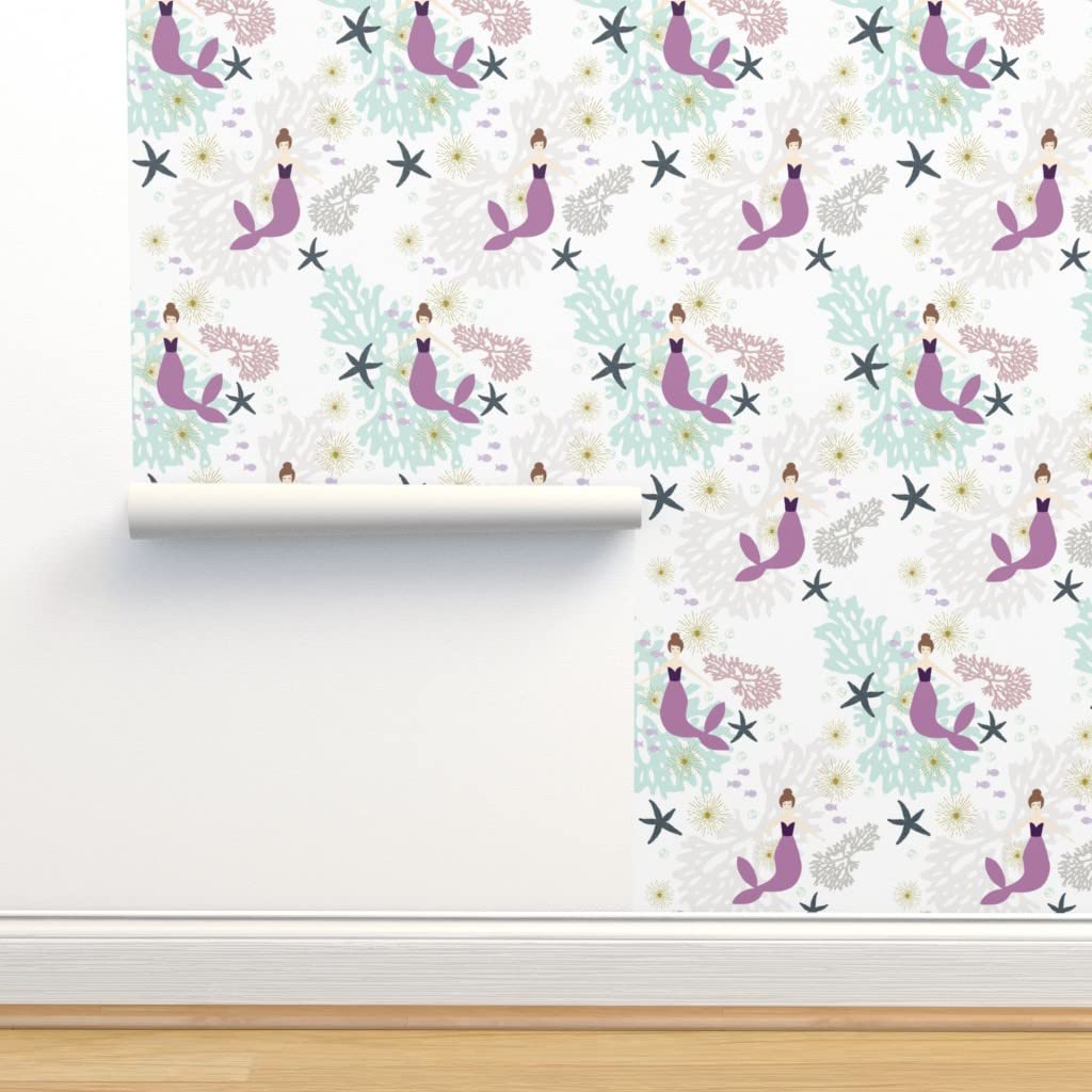 12ft x 2ft Peel & Stick Removable Wallpaper - Laguna Mermaids Purple Mermaid Design for Baby Girl's Room | Easy DIY Nursery Decor by Spoonflower | Perfect for Bedroom, Playroom & Kids Room Makeover