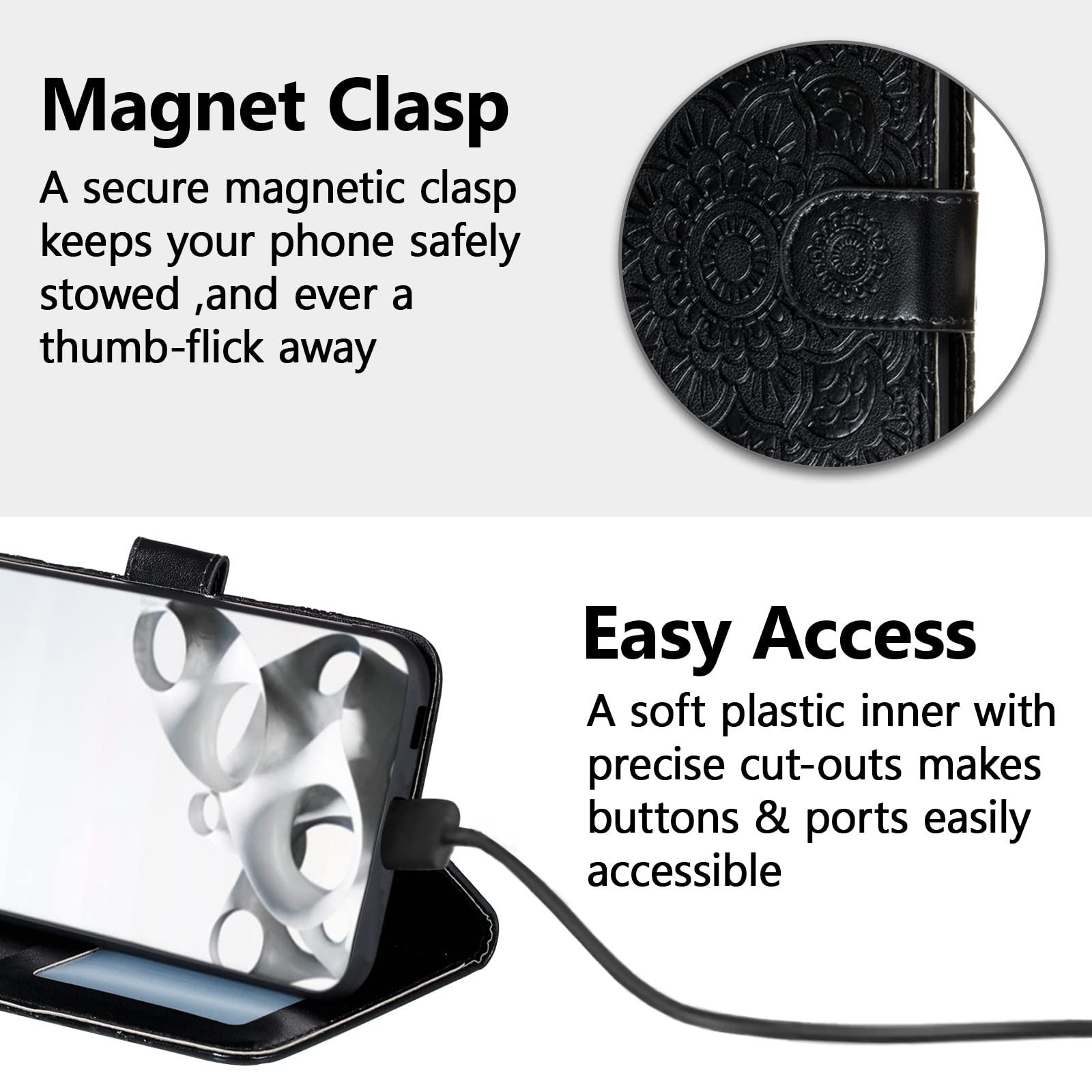 Premium Leather Mandala Flip Wallet Case for iPhone SE/7/8 - Magnetic Stand with Card Slots & Lanyard - Ultra Slim Embossed Cover (Black) - Perfect for Daily Use, Travel & Business Meetings