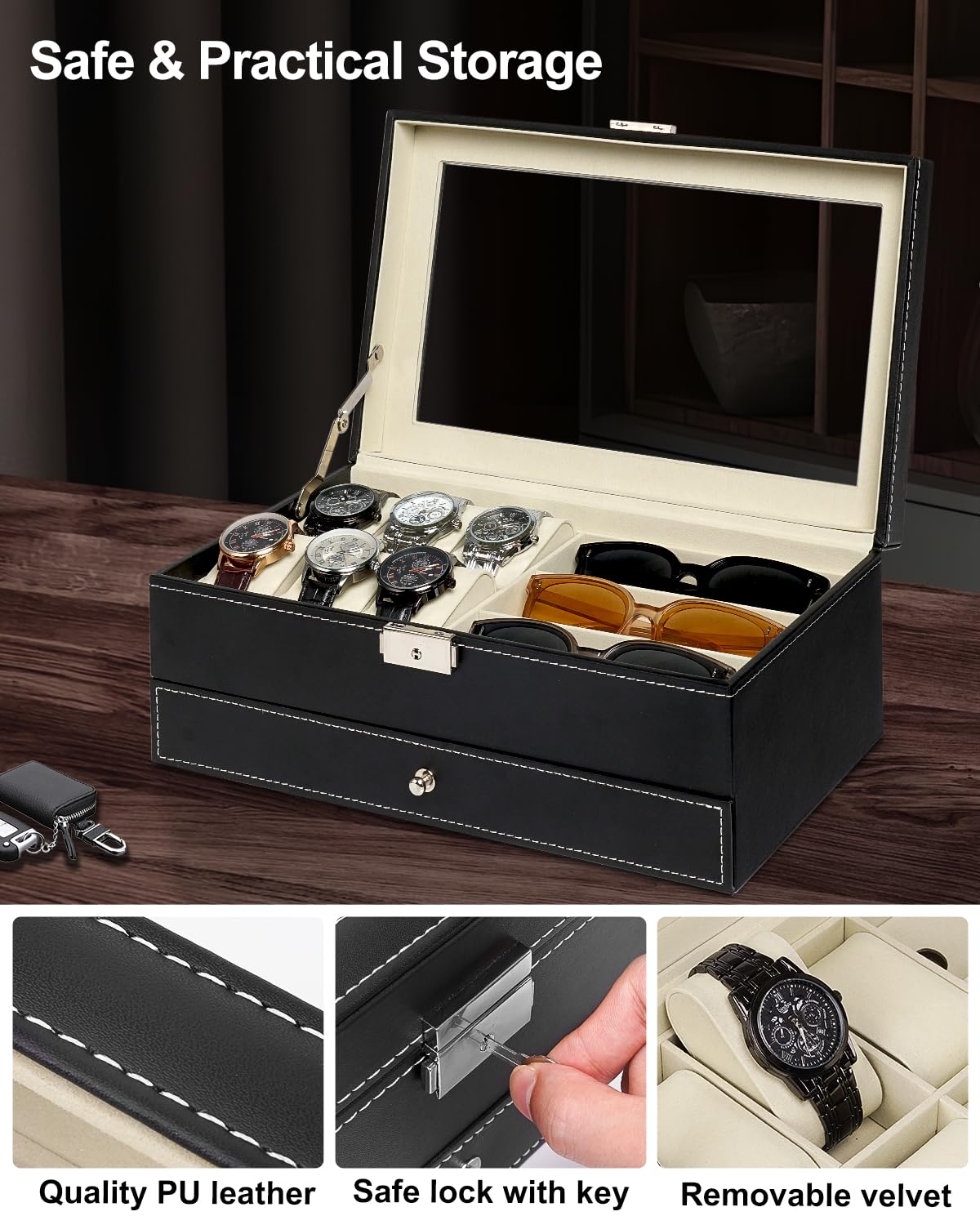Jenseits 6-Slot Watch Box for Men & Women - PU Leather Watch Display Case with Lockable Drawer, Sunglasses Organizer & 2-Layer Jewelry Storage - Perfect Watch Holder for Father's Day Gifts, Travel & Home Decor