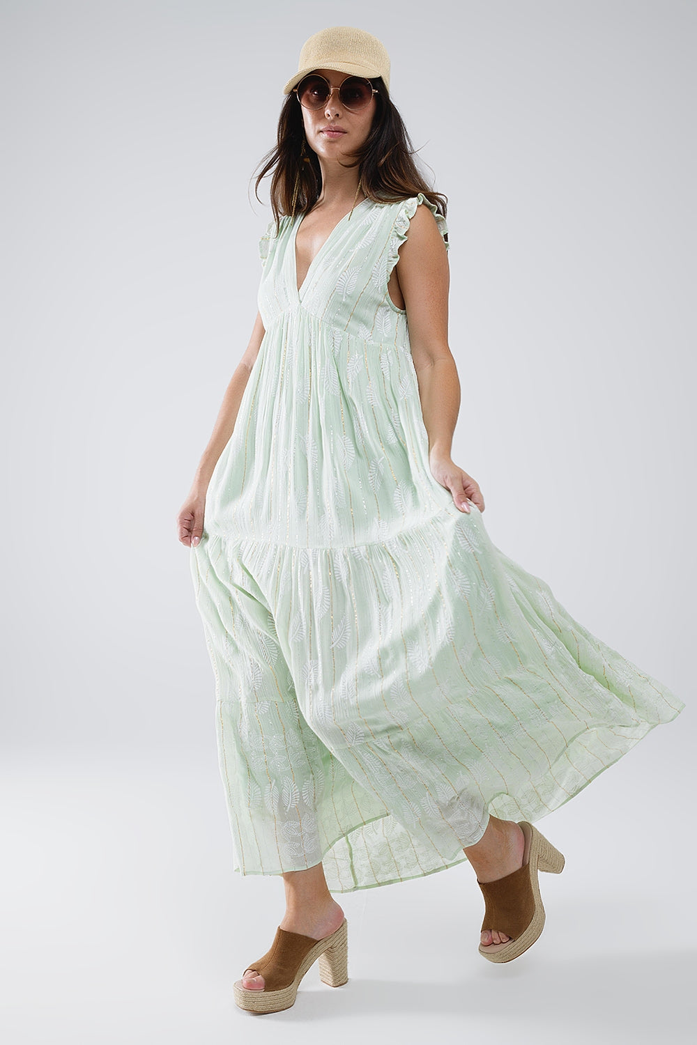 Boho Leaf Print Mint Lurex Long Babydoll Robe - Elegant Loungewear for Women, Perfect for Relaxing at Home or Spa Days