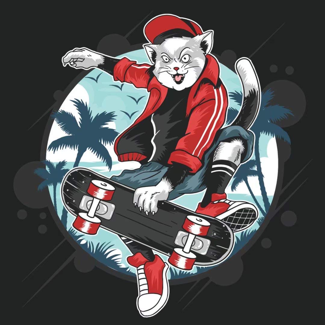 Cool Cat Skateboard Pop Punk Duvet Cover Set - Ultra Soft Microfiber Bedding 3 Piece (King Size) with 1 Duvet Cover & 2 Pillowcases - Punk Rock Bedroom Decor for Teens & Young Adults