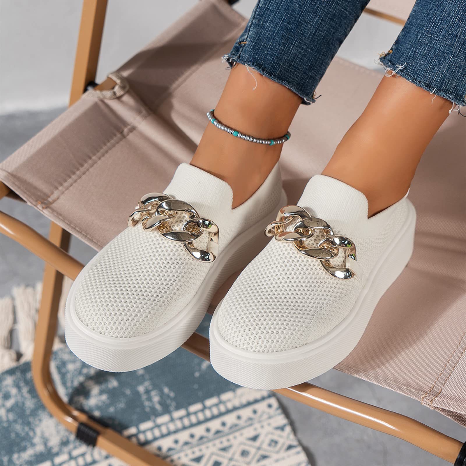 Women's Low Top Metal Chain Slip-On Sneakers - Round Toe Fashion Flat Walking Shoes with Platform for Casual Outings & Daily Wear