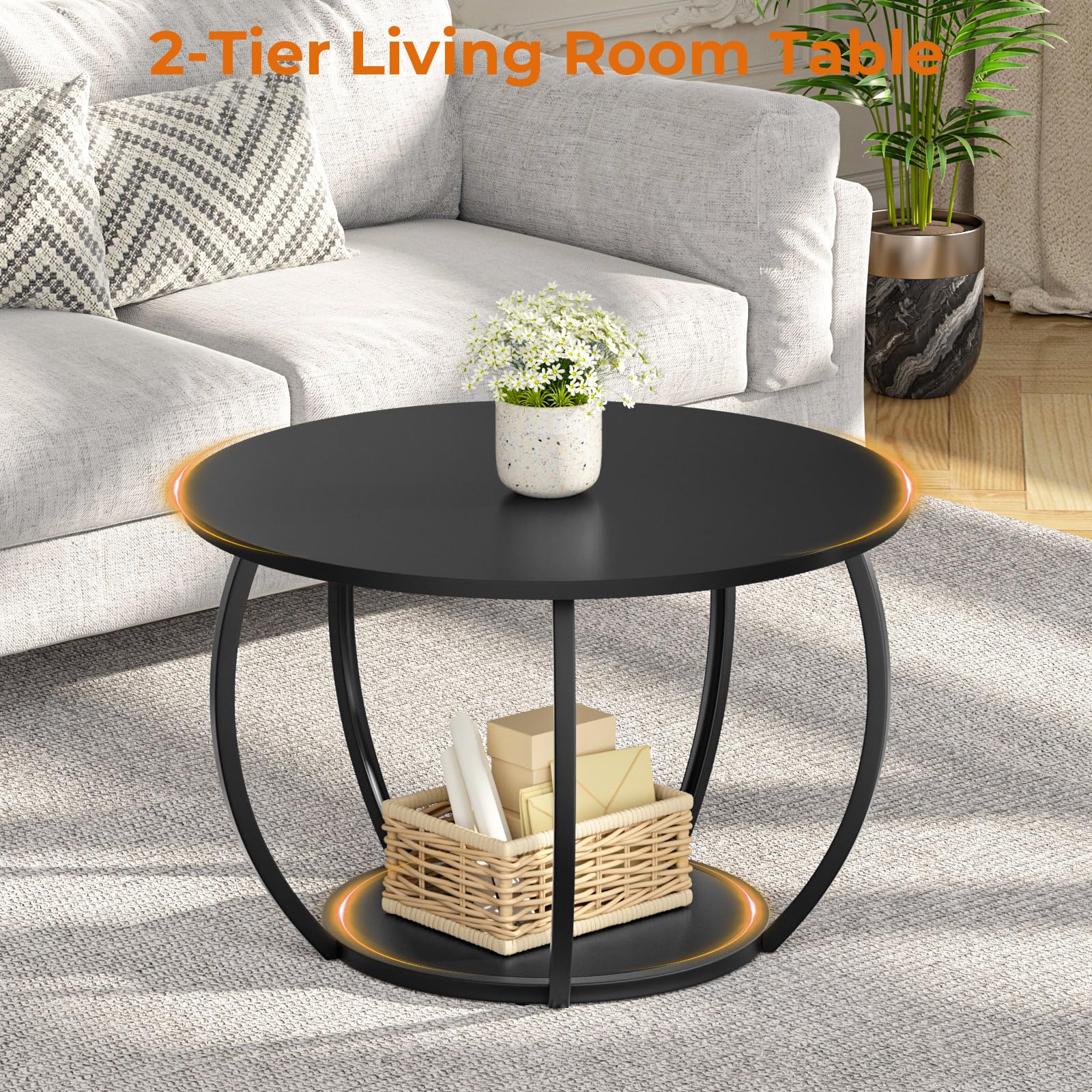 GreenForest 27.6 Inch Round Coffee Table with Storage - Adjustable Feet 2-Tier Farmhouse Style Center Table for Living Room, Home Office - Black | Perfect for Small Spaces, Coffee Time & Family Gatherings