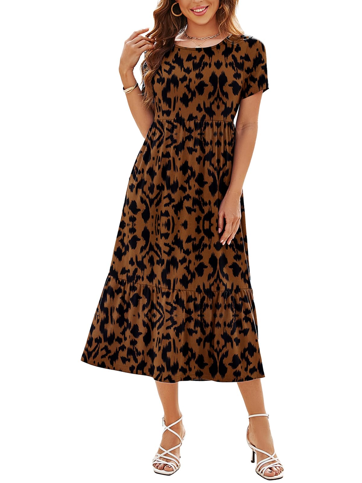 HUSKARY Women's Summer Casual Dress 2025 - Short Sleeve Crewneck Flowy Tiered Maxi Dress with Pockets | Beach Cover Up, Vacation Outfit, Boho Chic Style, Daytime Wear