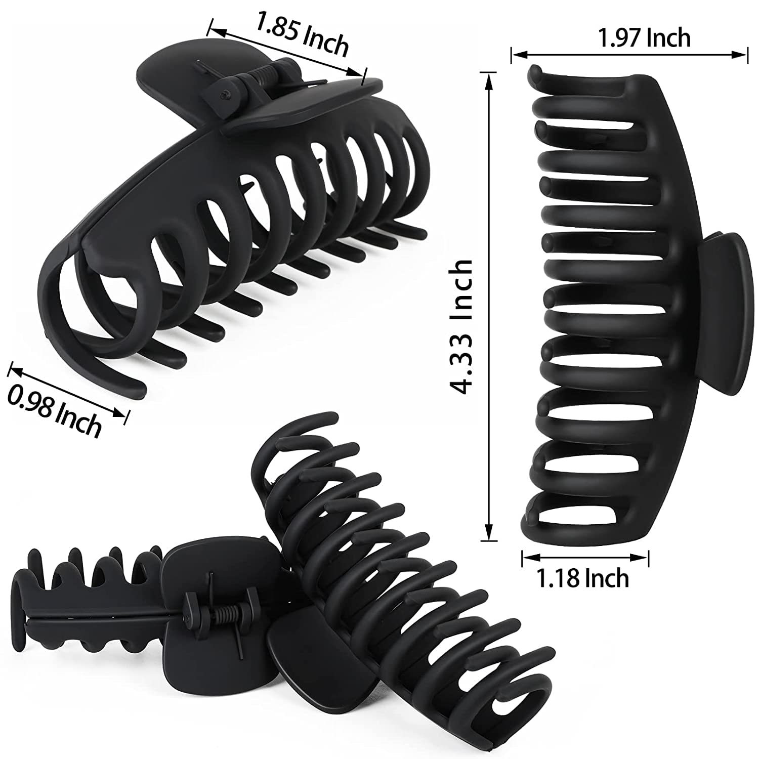 Large Hair Claw Clips for Women - 4.33 Inch Strong Hold Non-Slip Matte Hair Clips for Thin, Thick & Curly Hair (4 Pack, Black) - Perfect for 90s Retro Style, Work, Gym & Everyday Hairstyles