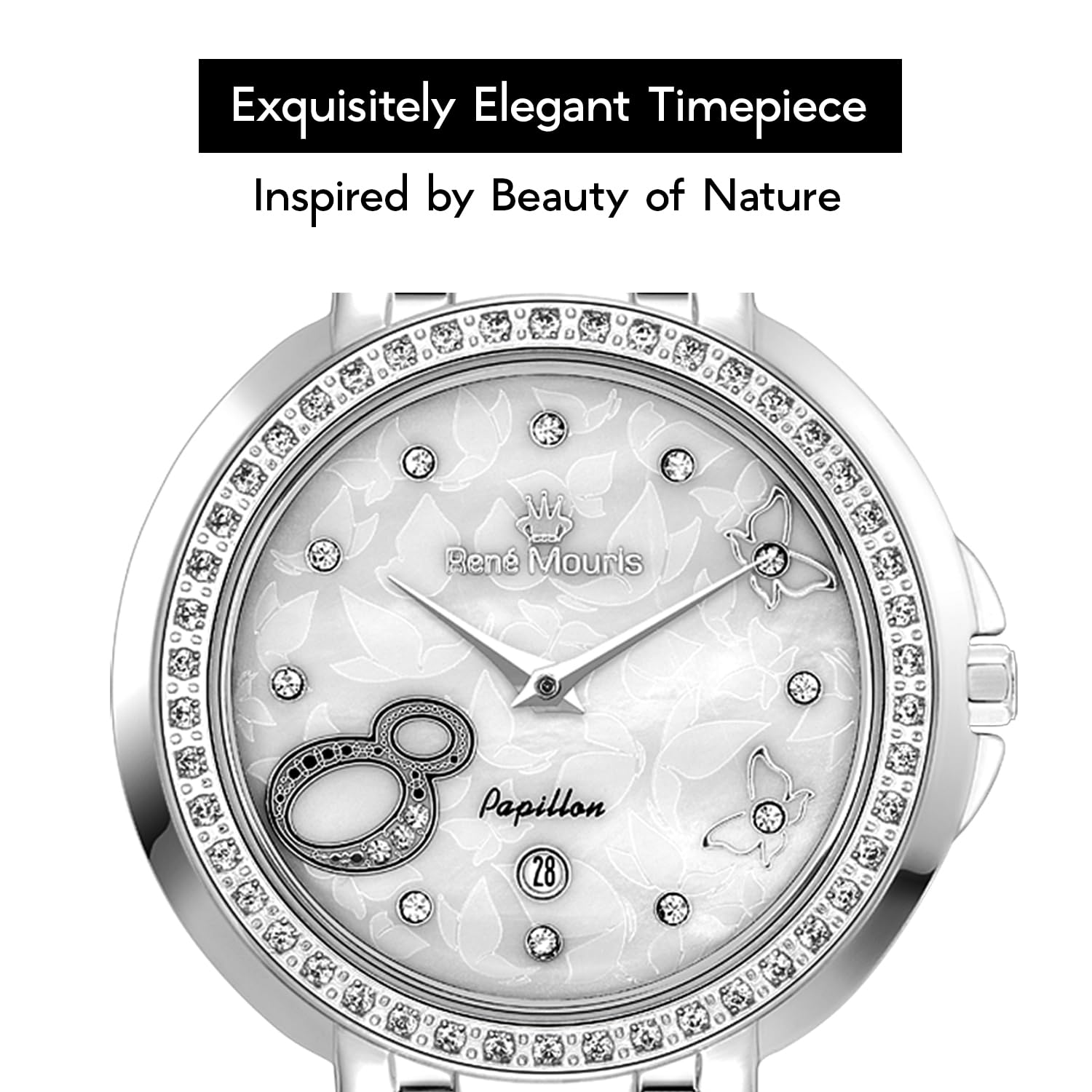 René Mouris Papillon Women's Luxury Watch - 36mm 316L Stainless Steel Case, Sapphire Coated Crystal, 50M Waterproof with Matching Steel Band | Elegant Dress Watch for Office, Parties & Special Occasions