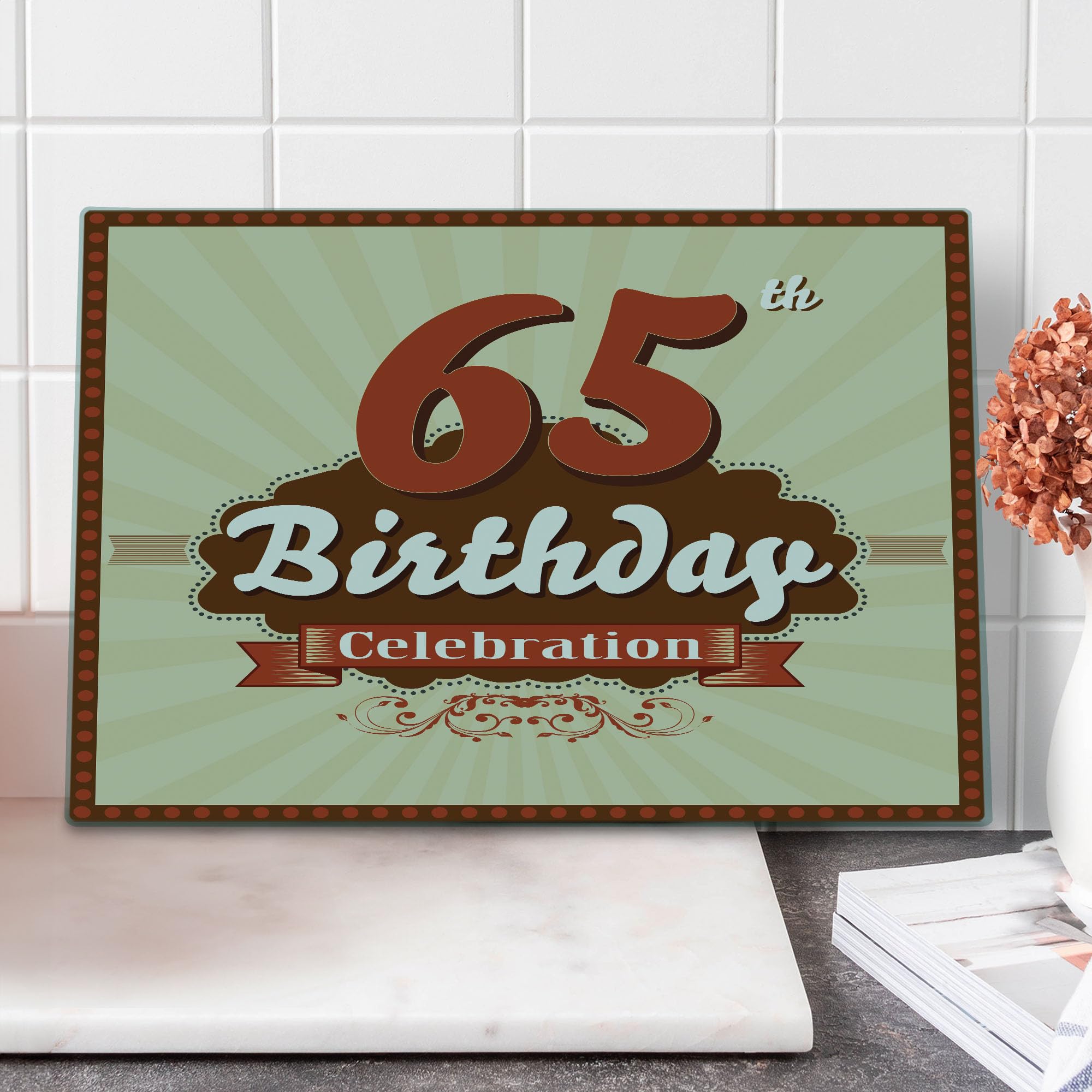 Ambesonne 65th Birthday Cutting Board - Retro Style Celebration Card Design with Floral Details - Tempered Glass Serving Tray for Party Decor & Gift - Large Size Eggshell Brown Burgundy - Perfect for Anniversary Celebrations, Kitchen Decor & Hostess Gifts