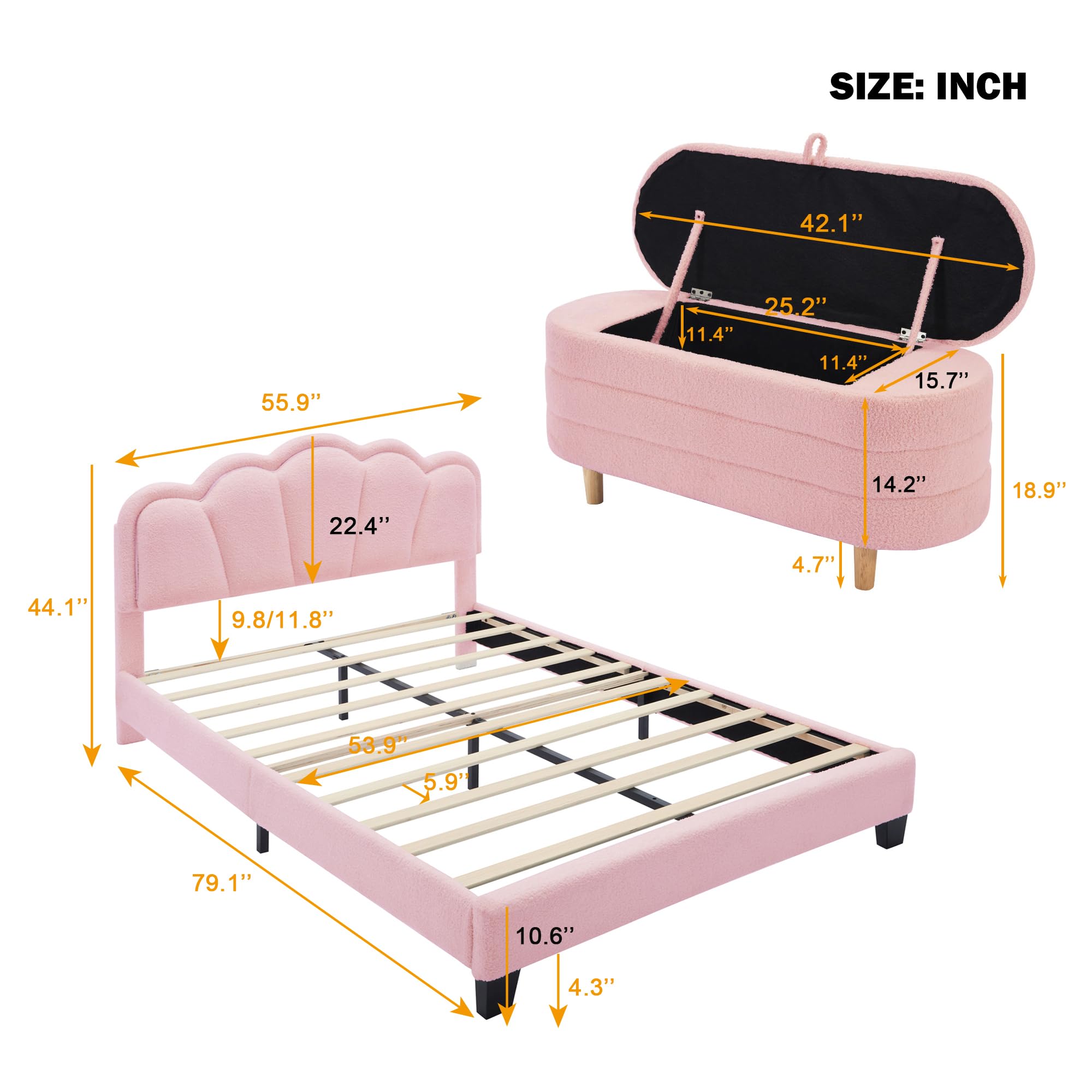 SOFTSEA Full Size Upholstered Platform Bed with LED Lights & Storage Ottoman - 2 Piece Pink Bedroom Furniture Set for Girls, Teens & Adults | Modern Bed Frame with Underbed Storage & Nightstand Alternative | Perfect for Small Spaces, Dorm Rooms & Master Bedrooms