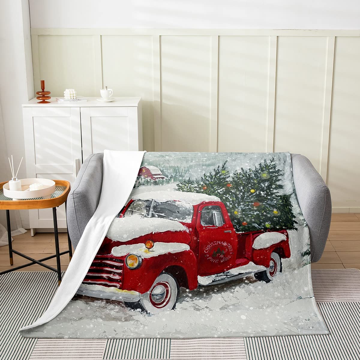 Red Christmas Truck Flannel Blanket - Cozy Winter Snow View Fleece Blanket for Kids, Boys, Girls & Adults - 90