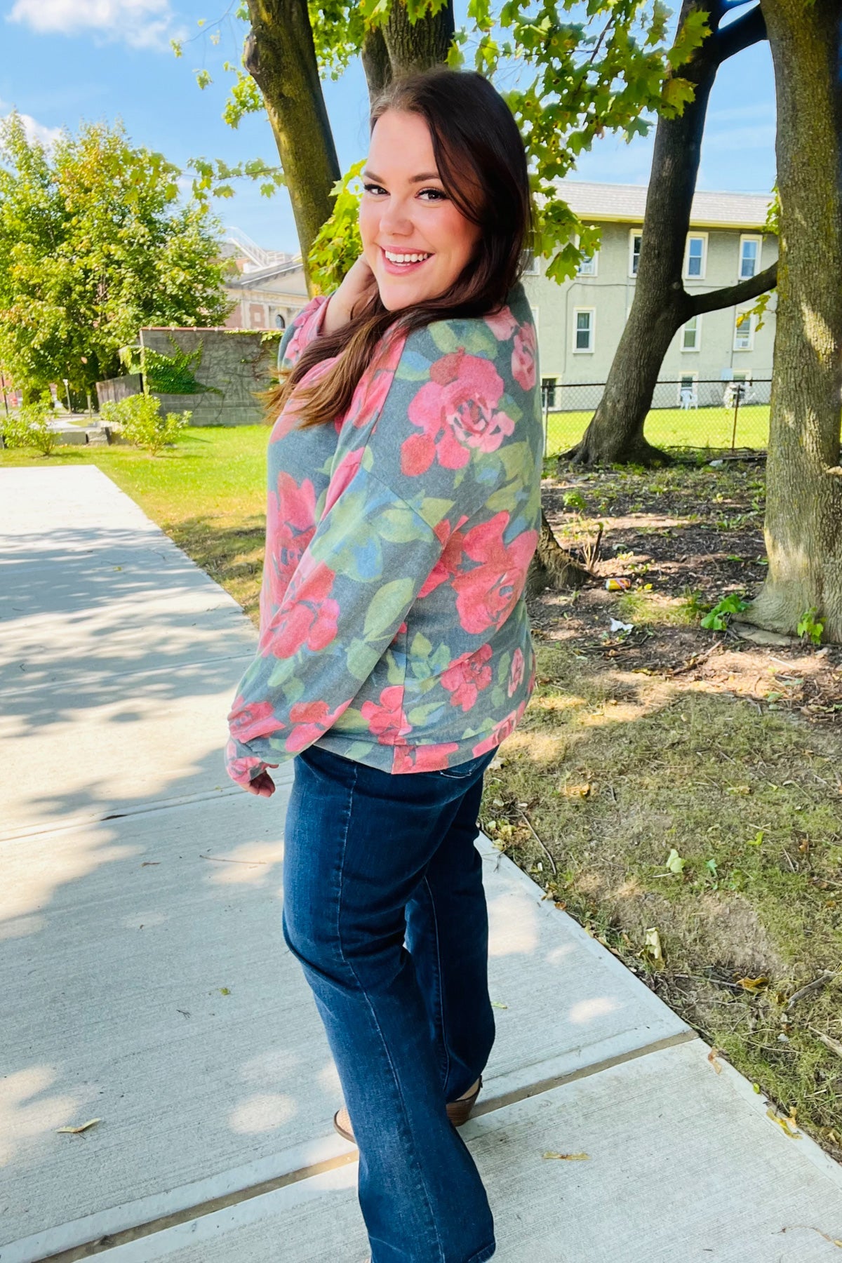 Everyday Hunter Green Floral Brushed Hacci Sweater Top for Women - Cozy Casual Knit Pullover for Fall & Winter Outfits | Perfect for Office, Dates & Weekend Wear