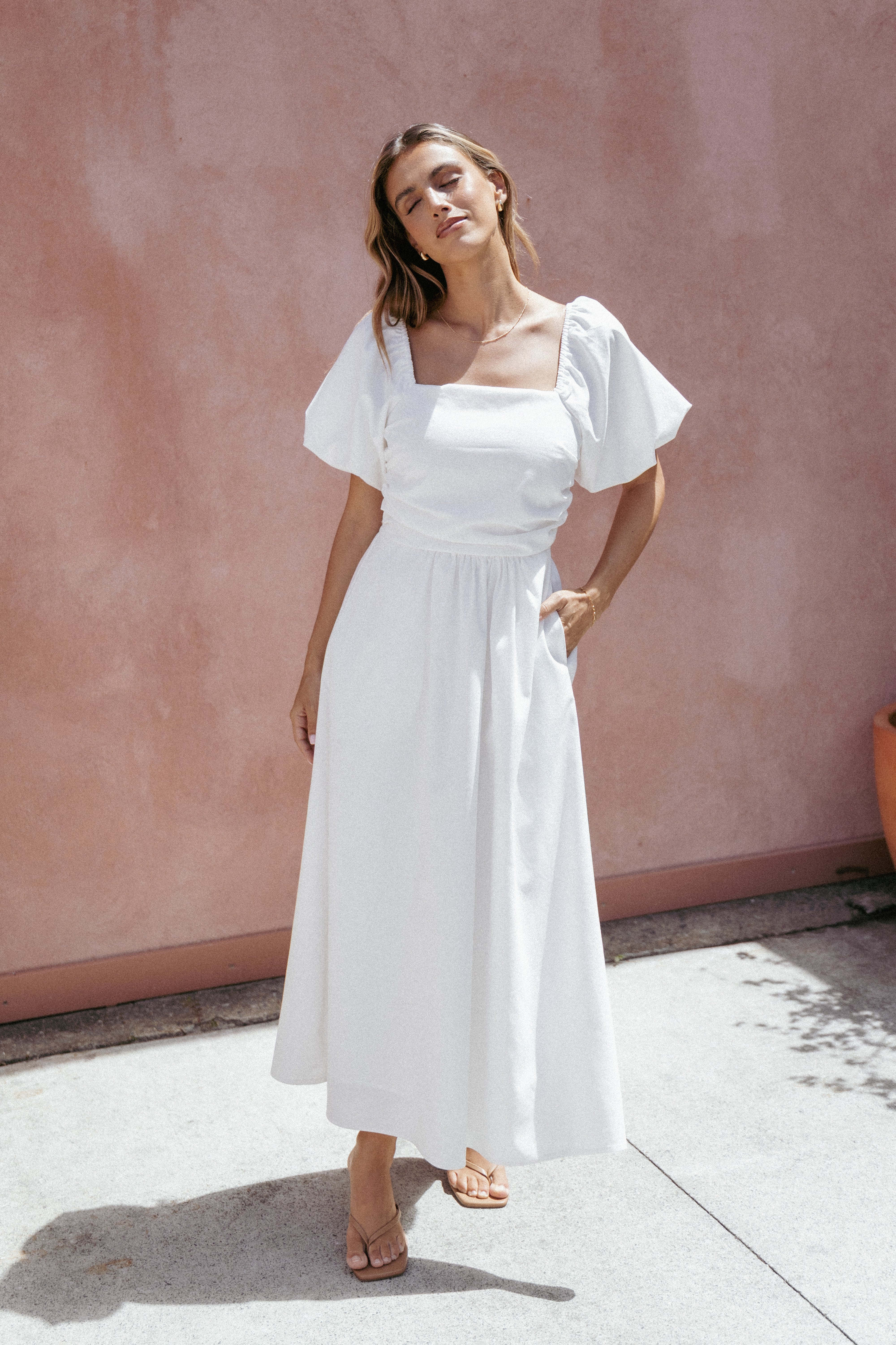 Elegant White Clo Puff Sleeve Midi Dress for Women - Perfect for Weddings, Parties & Special Occasions