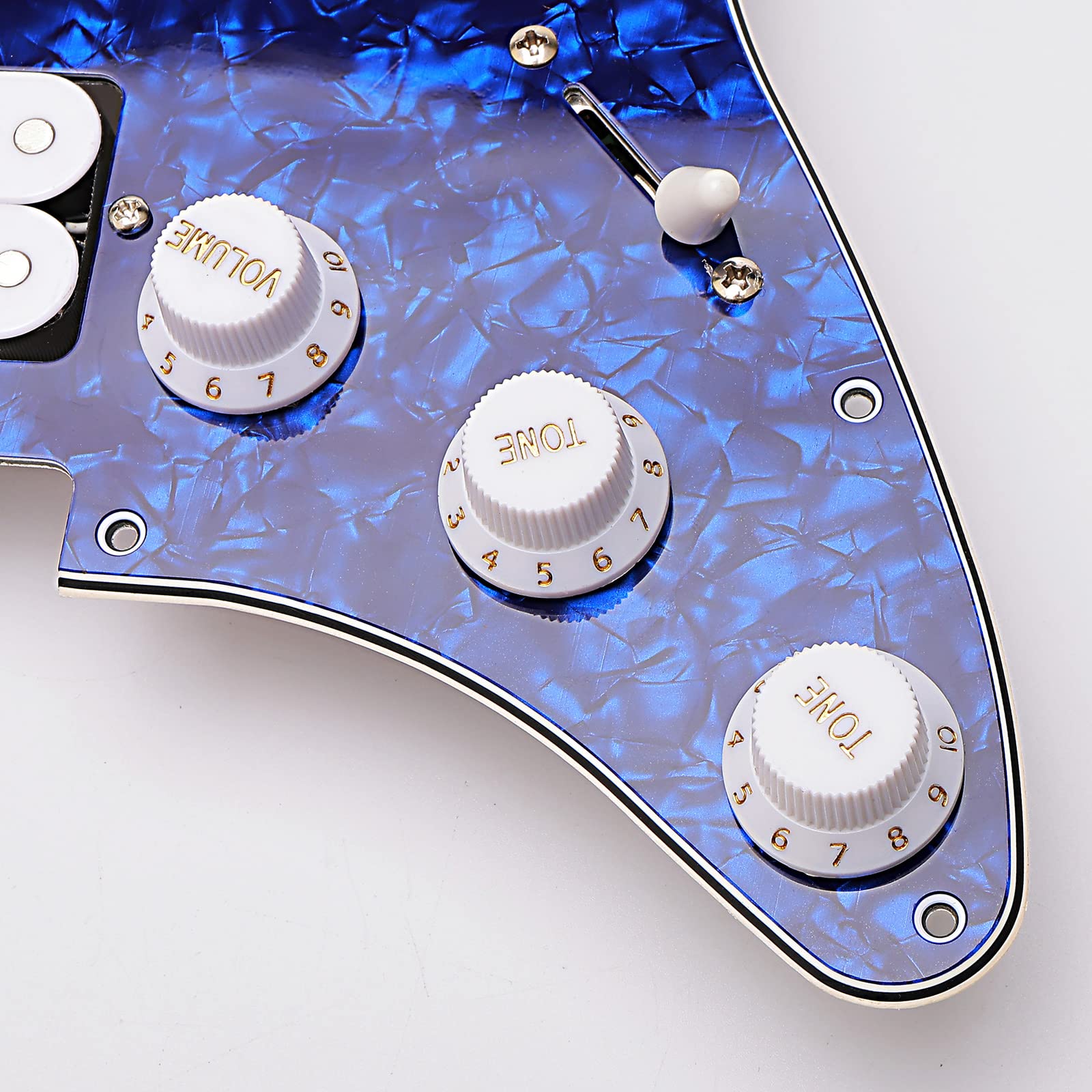 11 Hole Loaded Guitar Pickguard SSH with White Pickup Humbucker - Prewired Scratch Plate Set for Fender Stratocaster, 4 Ply Blue Pearl - Includes Guitar Strings & Installation Tools - Perfect for Electric Guitar Upgrades & DIY Repairs