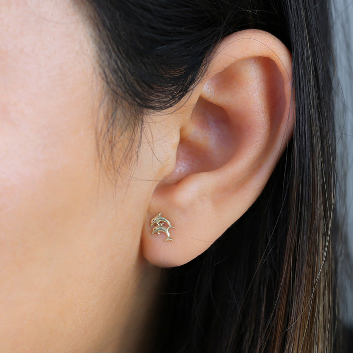 14K Yellow Gold Twin Dolphin Earrings - Dainty Stud Earrings for Women - Perfect for Beach Vacations, Summer Outfits & Gift Giving