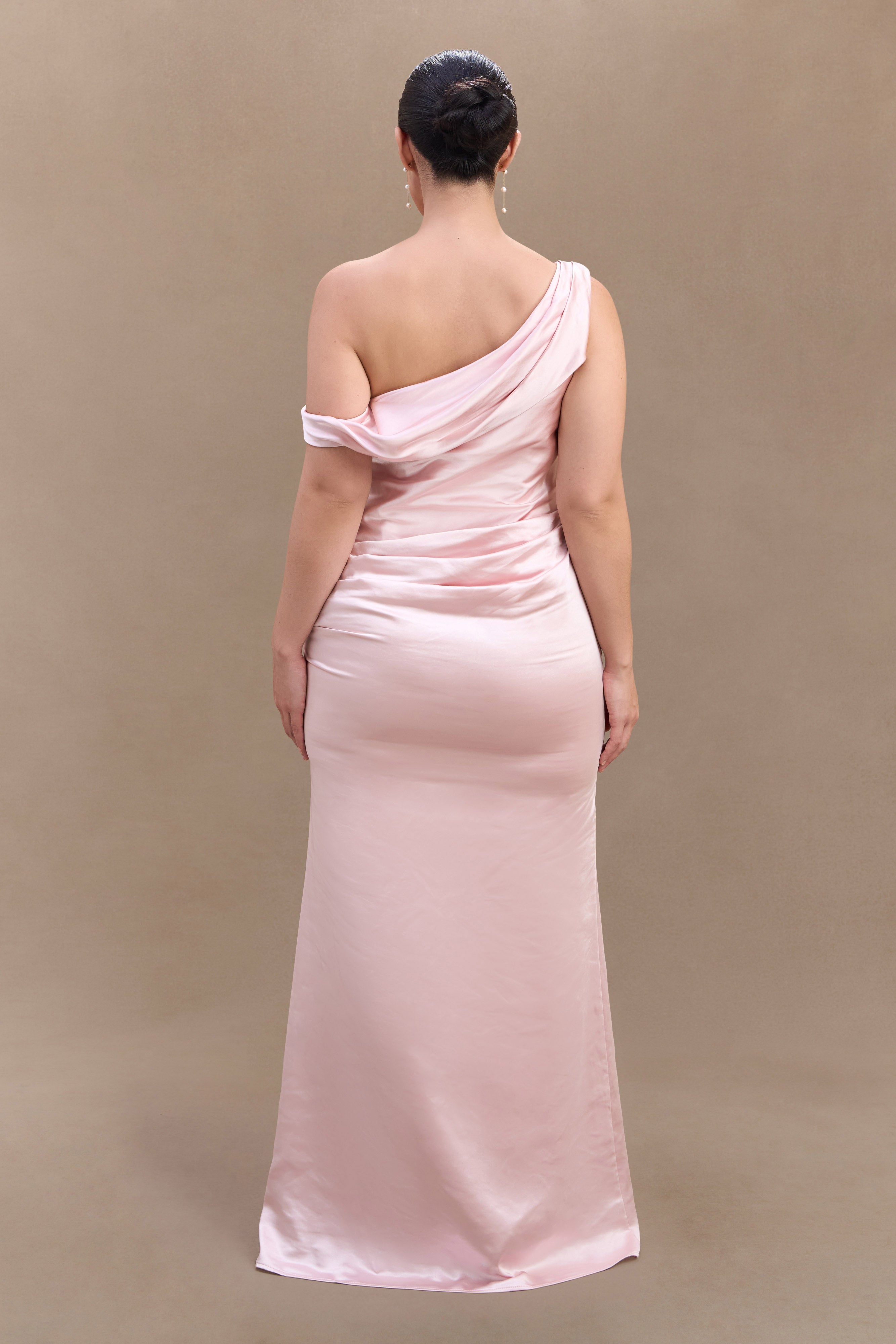 Elegant Dalia Off Shoulder Satin Maxi Dress in Soft Pink | Women's Formal Evening Gown for Weddings, Parties & Special Occasions
