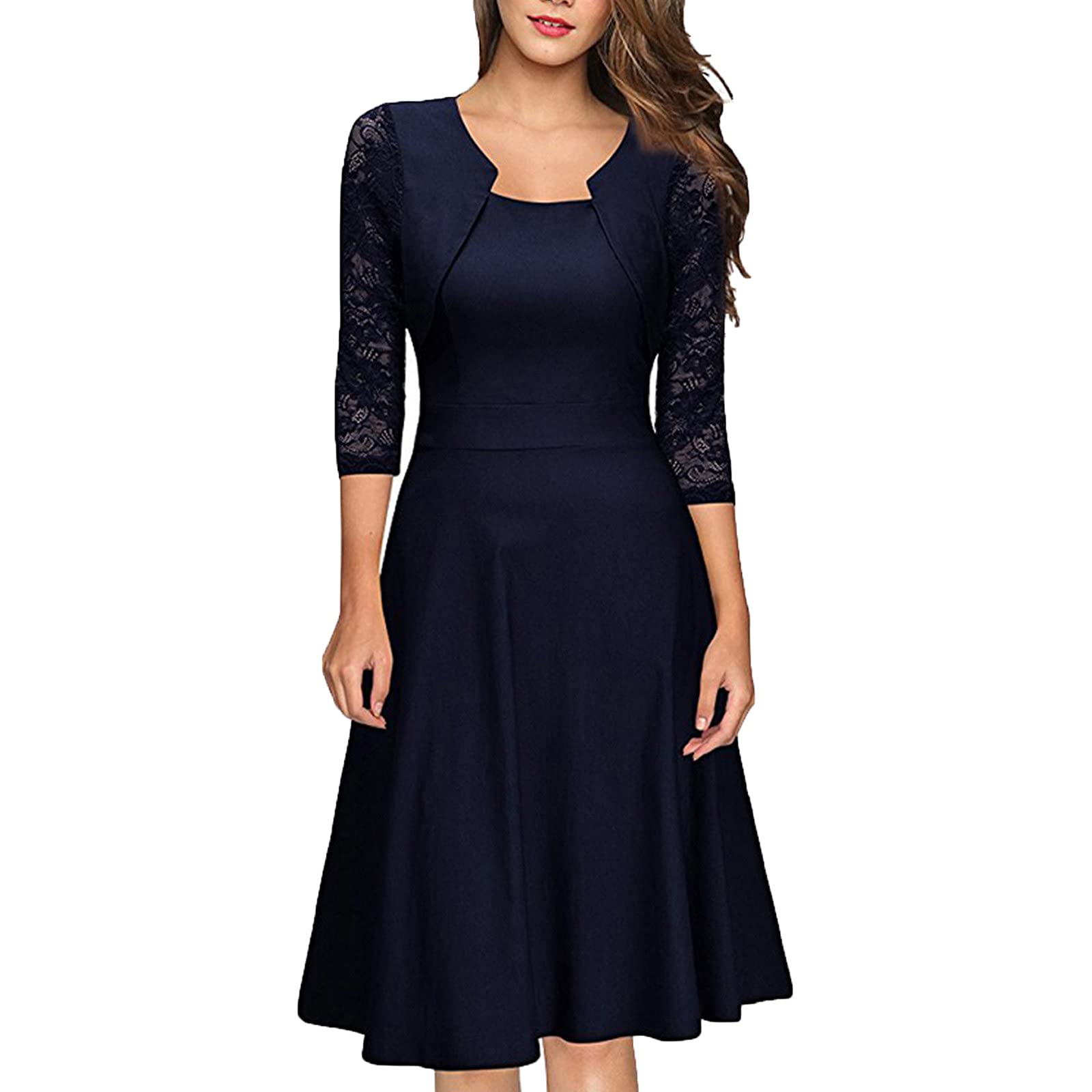 Vintage Women's Midi Dress with 3/4 Sleeves & Lace Details - Elegant A-Line Swing Dress for Cocktail Parties, Weddings & Special Occasions | Perfect Wedding Guest Dress & Formal Event Attire