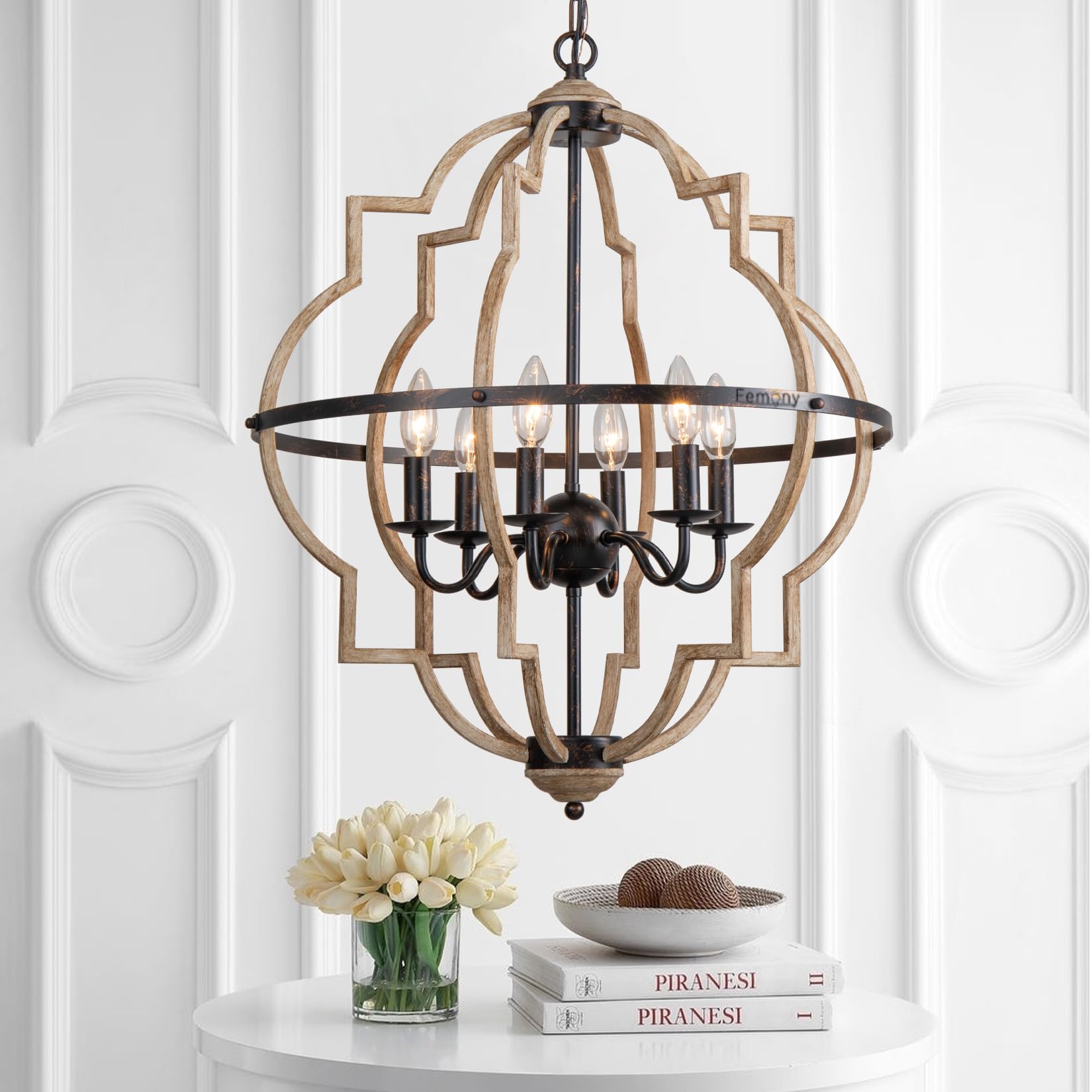 Vintage 6-Light Rustic Chandelier - Farmhouse Pendant Lighting with Stardust Oak Finish, Iron Orb Ceiling Fixture for Dining Room, Bedroom, Living Room & Foyer | Perfect for Country-Style Home Decor and Cozy Indoor Lighting