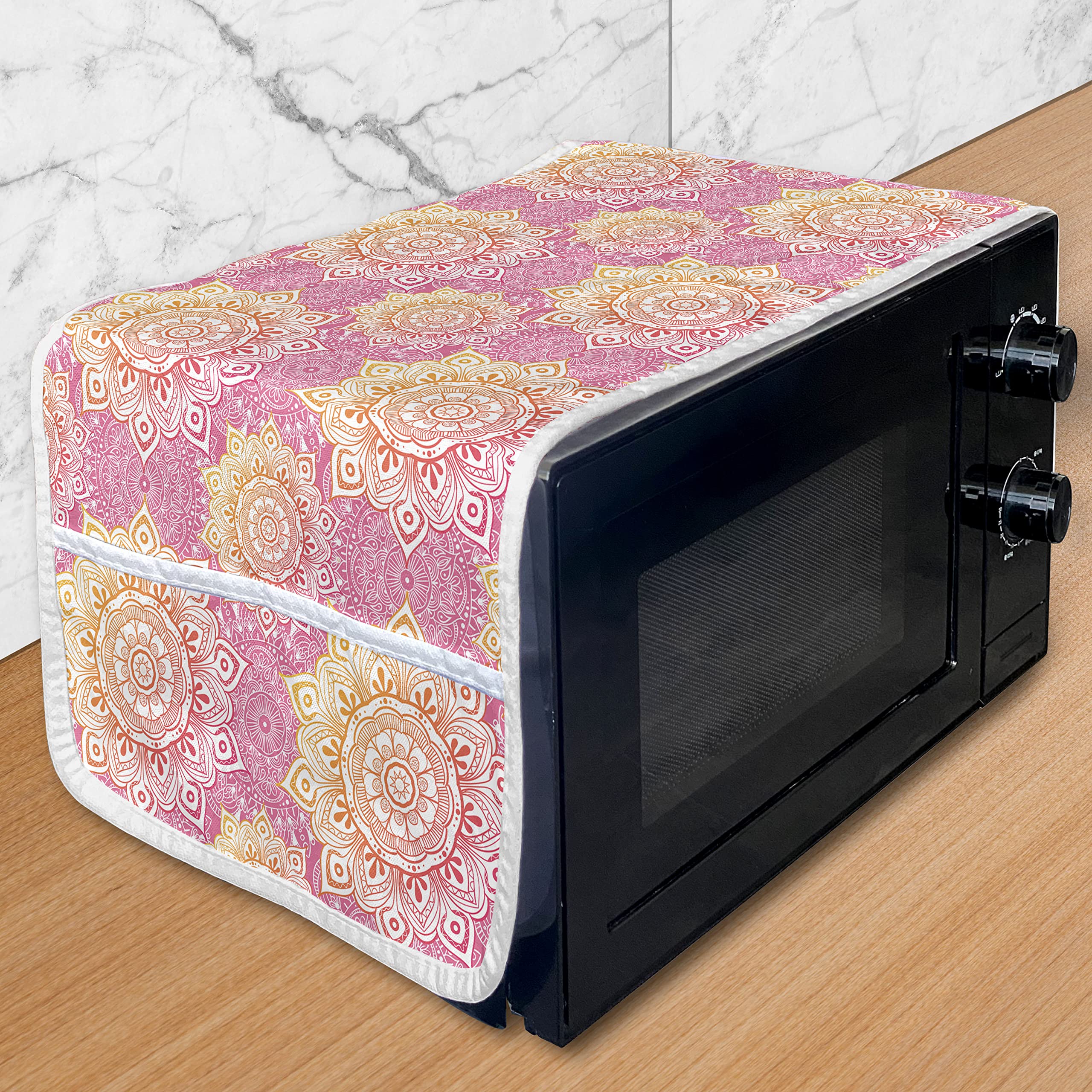Lunarable Mandala Microwave Oven Cover - Floral Oriental Design Waterproof Kitchen Organizer with Pockets, 36x12 Inches, Pink Marigold - Perfect for Protecting Appliances & Adding Boho Decor to Your Home