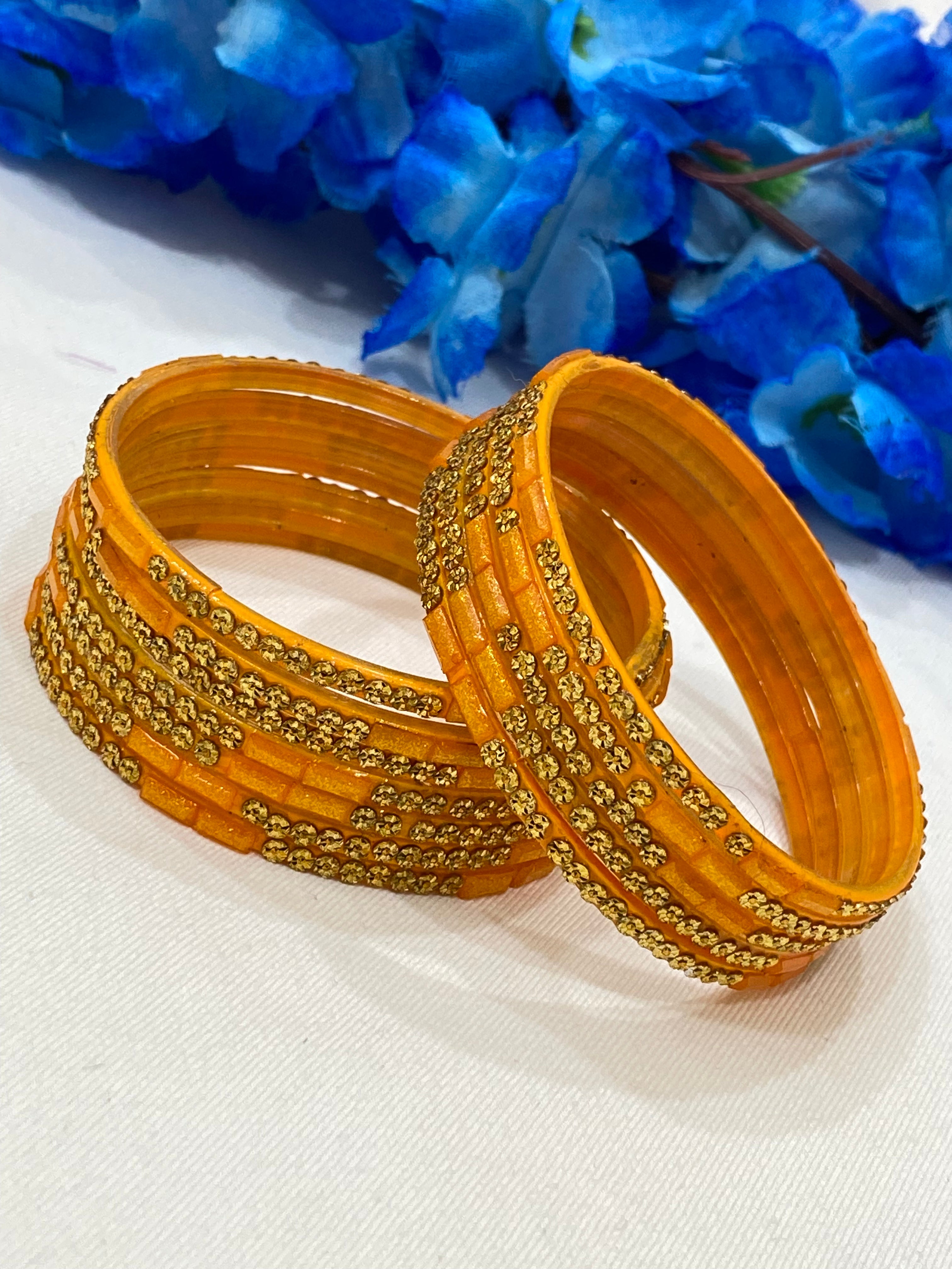 Stylish Orange Cutwork Stone-Embellished Glass Bangles for Women - Perfect for Parties, Weddings & Ethnic Fashion Accessories