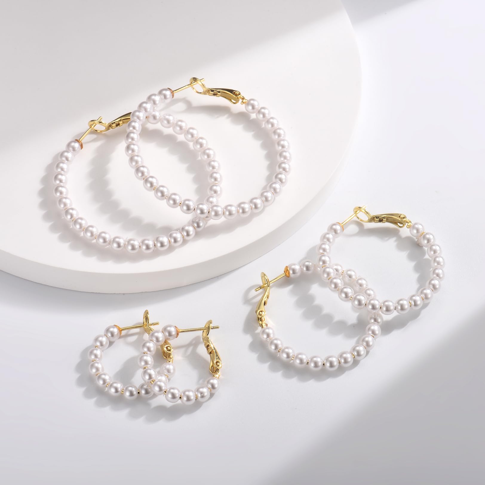CERSLIMO 14K Gold Plated Pearl Hoop Earrings for Women - 3 Pairs S925 Sterling Silver Large Hoop Earrings Set (4mm Pearl, 20/30/40/50mm) | Elegant Jewelry Gift for Birthday, Anniversary & Special Occasions