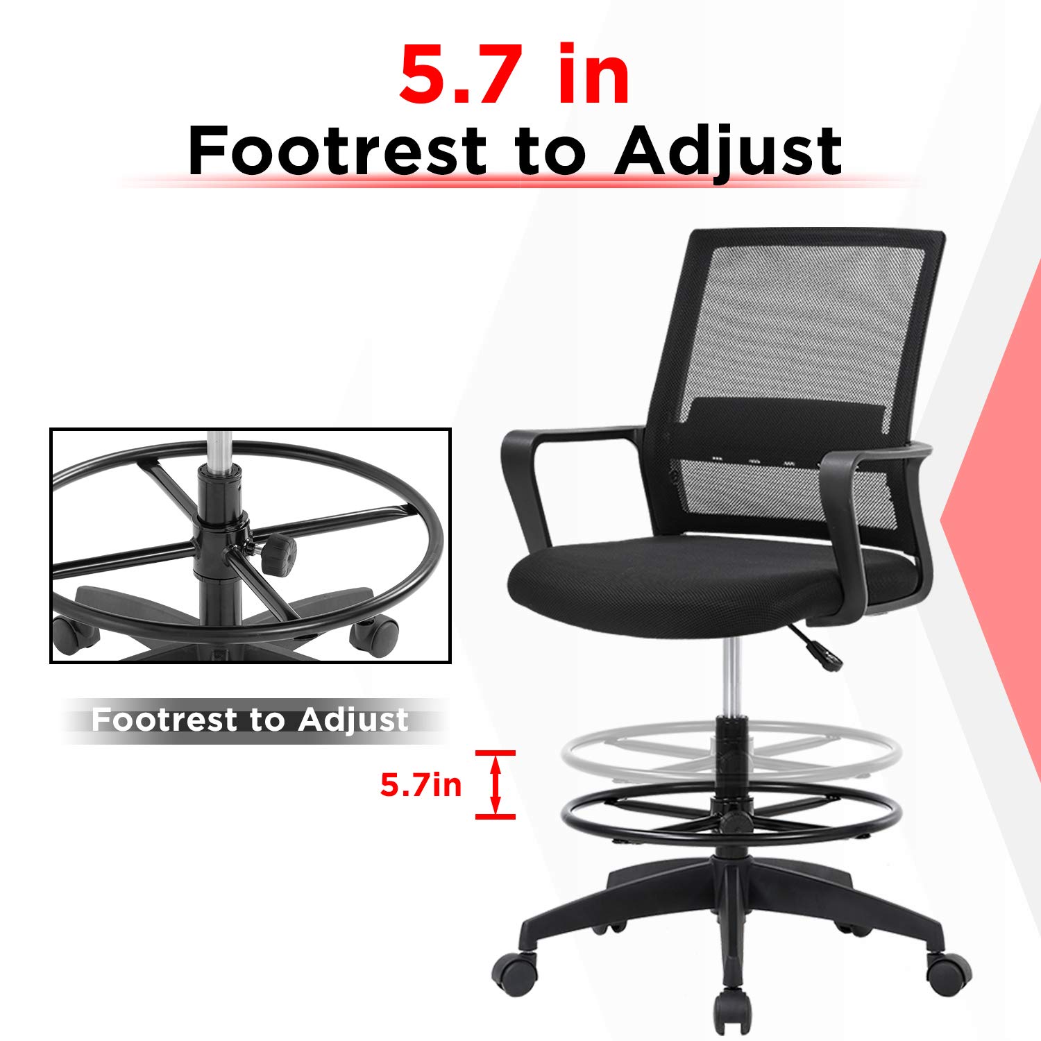 Ergonomic Mesh Drafting Chair with Adjustable Foot Ring - Tall Office Chair for Standing Desk, Mid-Back Support Computer Chair for Home & Office Workspace - Black (Ideal for Architects, Designers & Long Work Sessions)