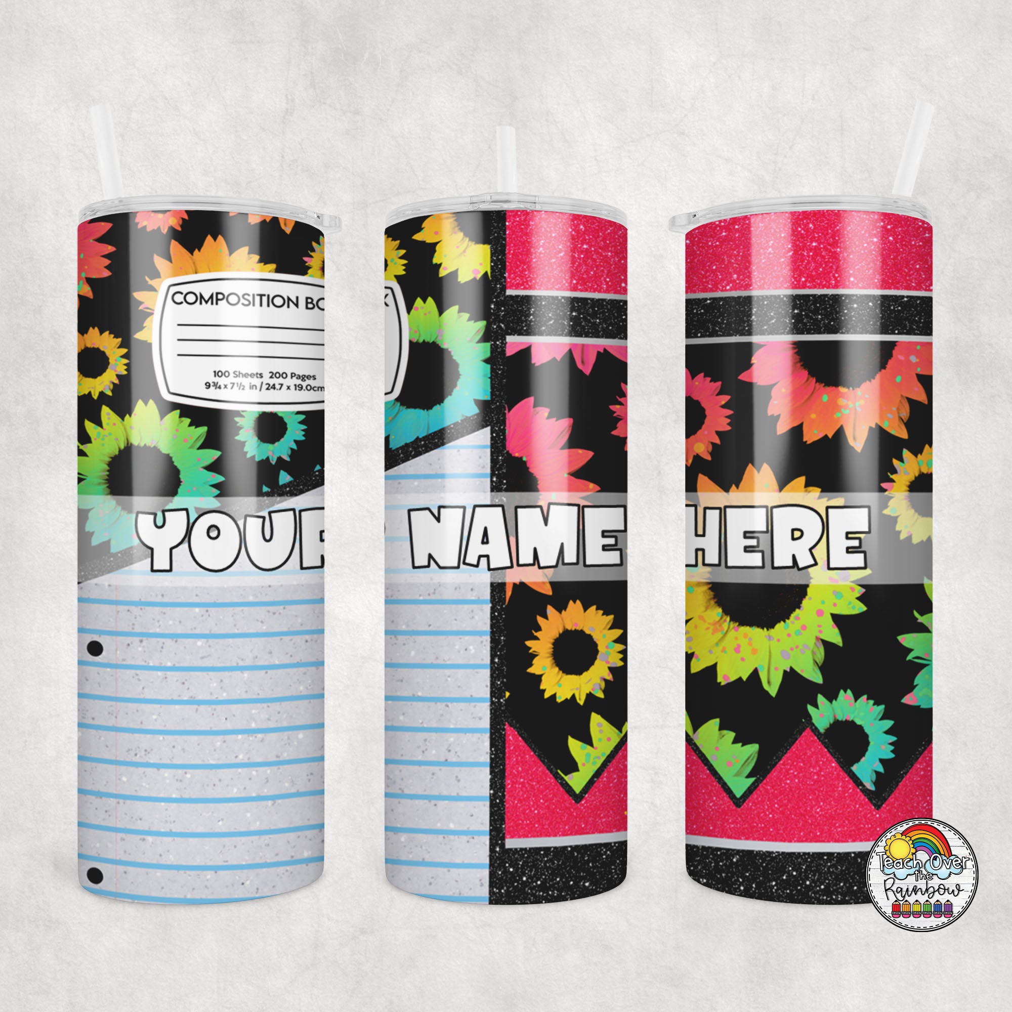 Rainbow Daisy Pencil Combo Tumbler - 20oz Insulated Stainless Steel Water Bottle with Lid & Straw - Perfect for School, Office, Gym & Outdoor Activities