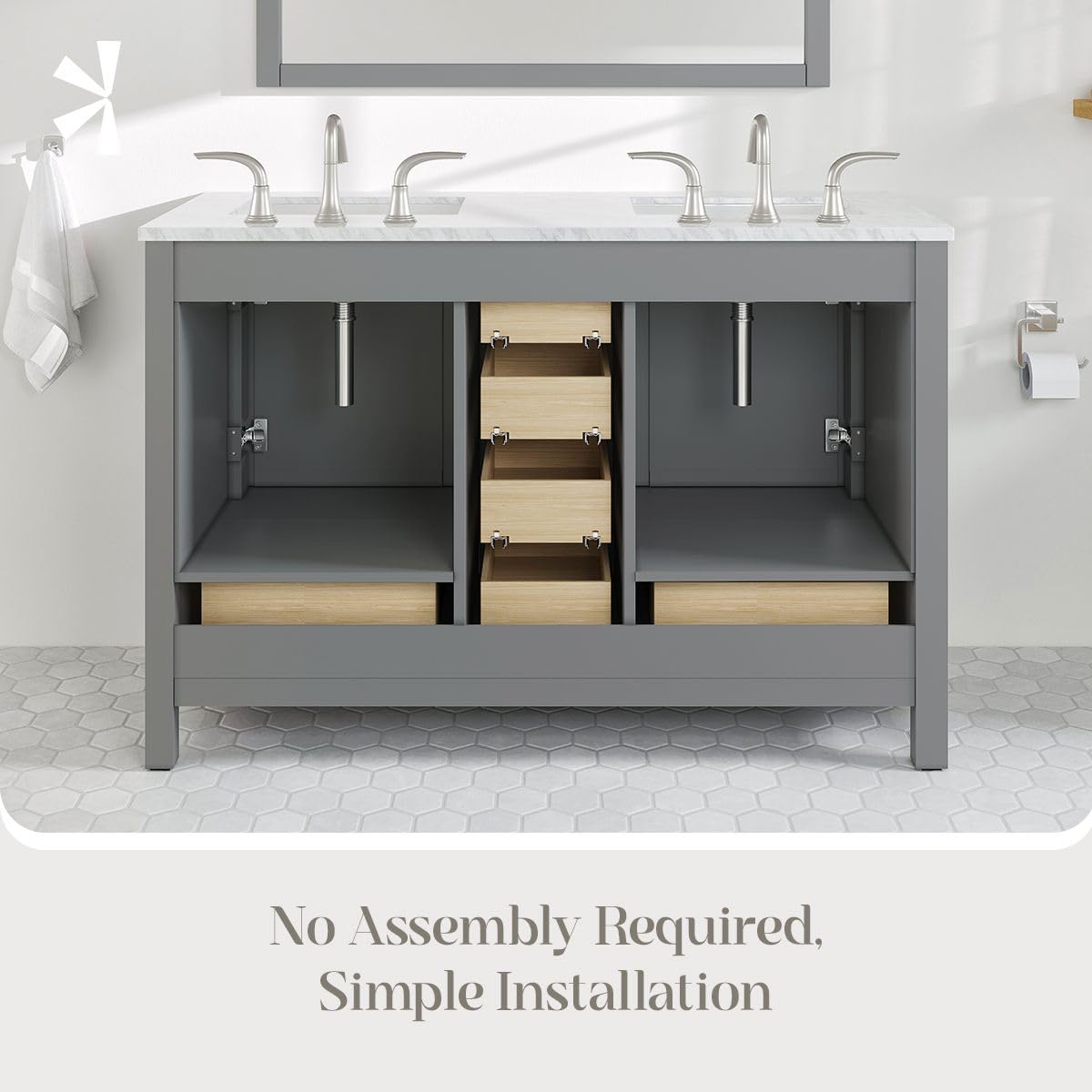 48 Inch Freestanding Bathroom Vanity with Gray Cabinet & Carrara Marble Top - Double Sink Vanity with Spacious Storage - Modern Wood Countertop Combo for Master Bath, Guest Bath & Powder Room