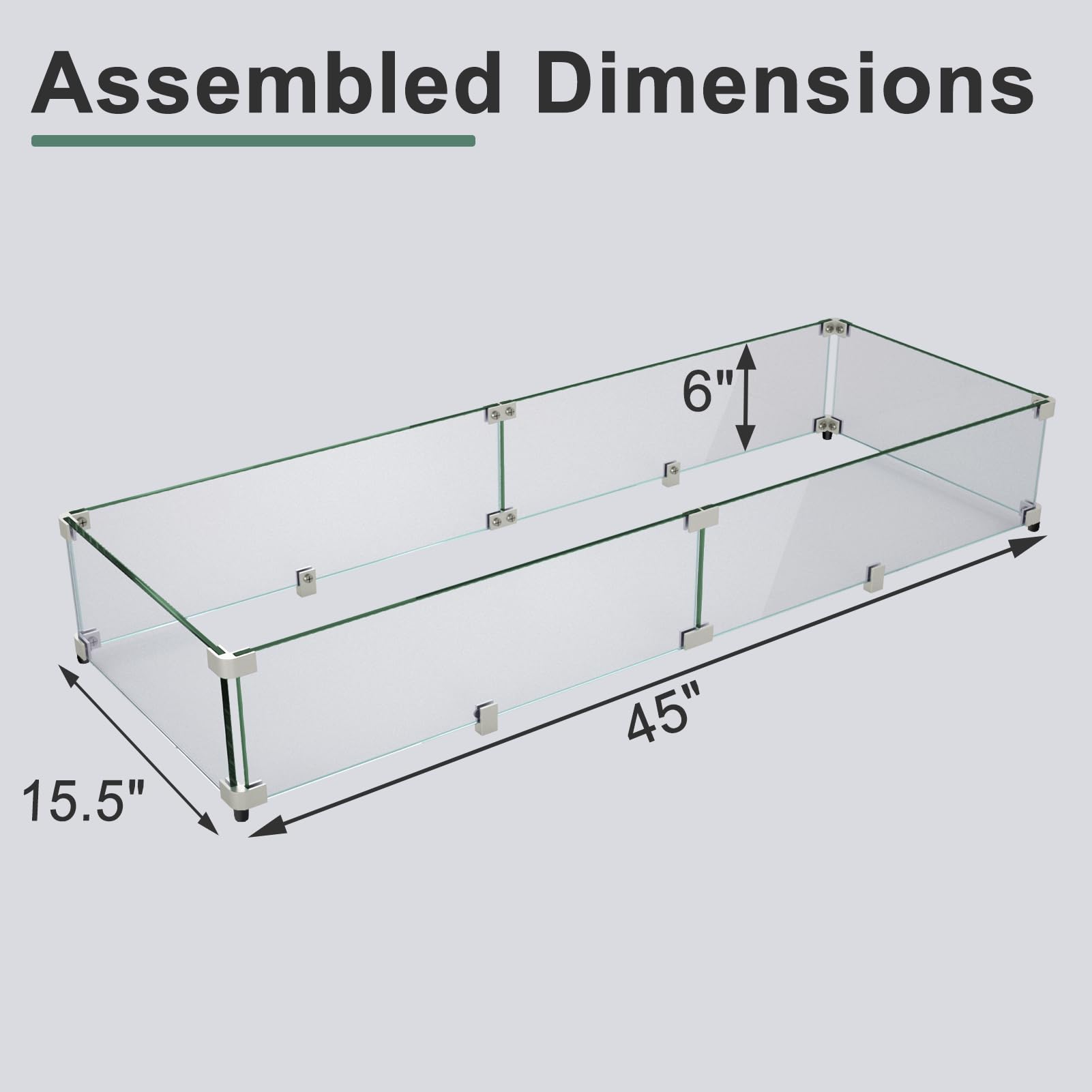 GASPRO 45 x 15.5 Inch Tempered Glass Wind Guard for Rectangular Fire Pit Table - Heavy Duty Aluminum Frame with Corner Brackets & Feet - Easy Assembly for Outdoor Patio, Backyard, and Camping Use