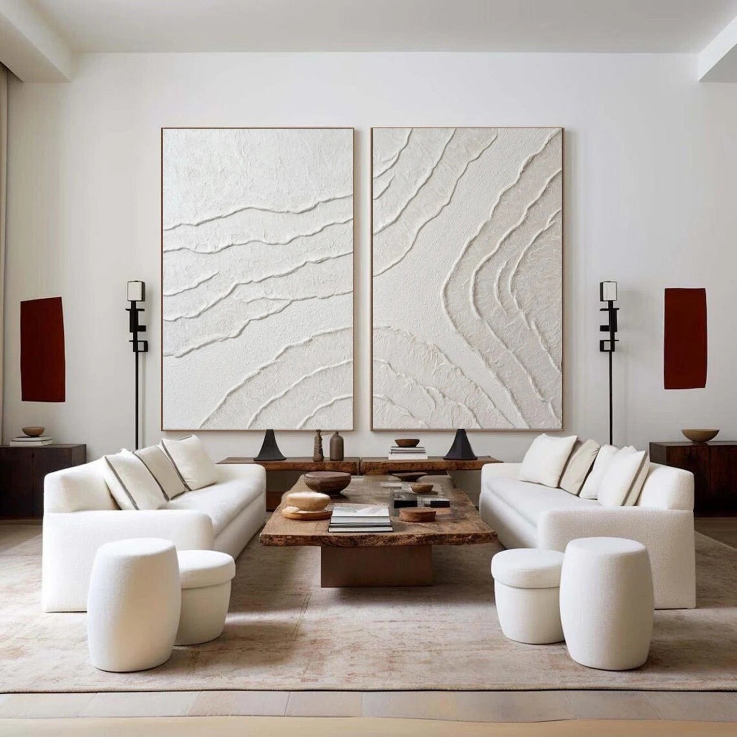 White Minimalist Textured Painting Canvas Set of 2 - Modern Abstract Wall Art for Living Room & Bedroom Decor #MM305