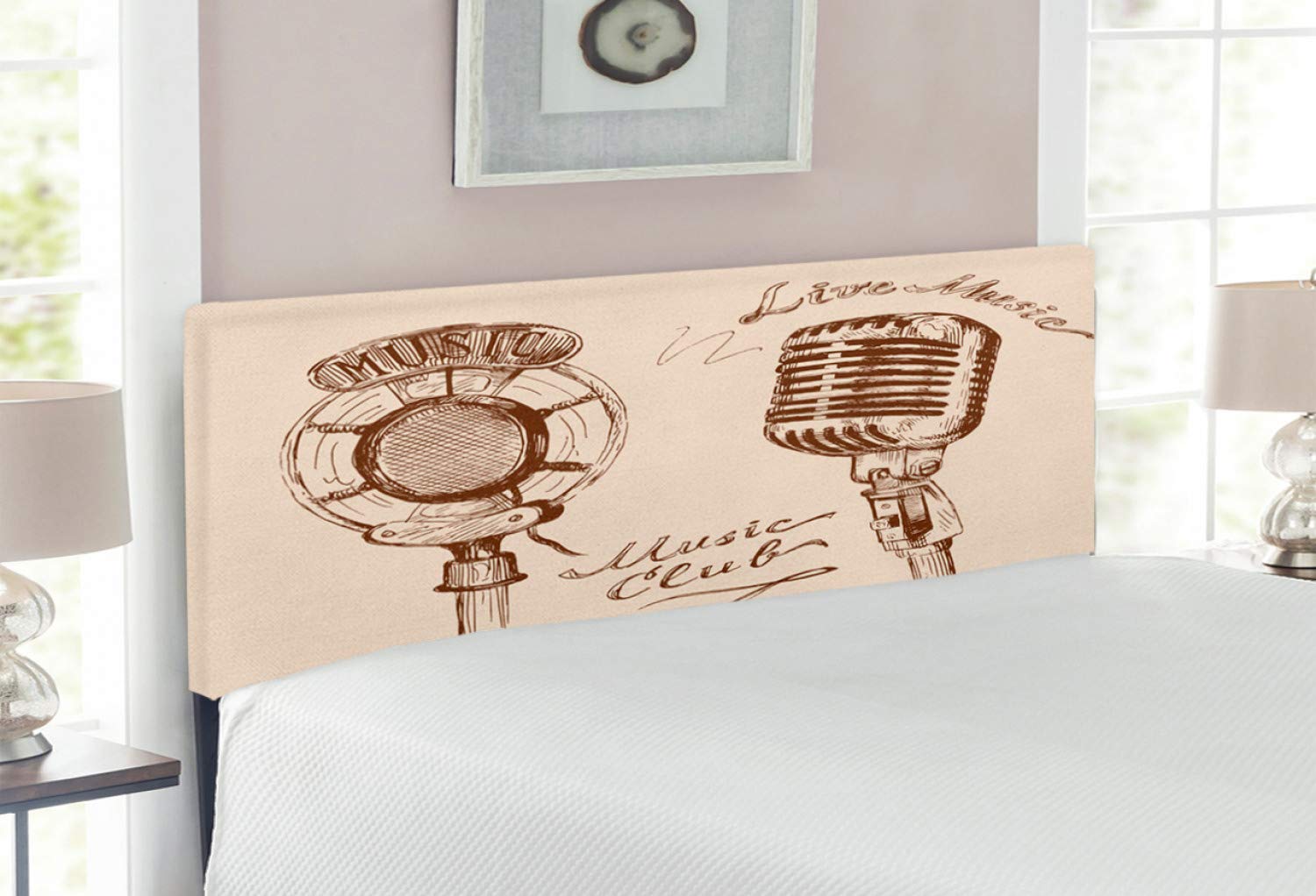 Ambesonne Vintage Microphone Retro Music Headboard - Full Size Upholstered Bed Headboard with Memory Foam, Old Fashioned Doodles & Bohemian Print in Brown Ecru - Perfect for Music Lovers' Bedroom Decor & Retro Style Home Interiors