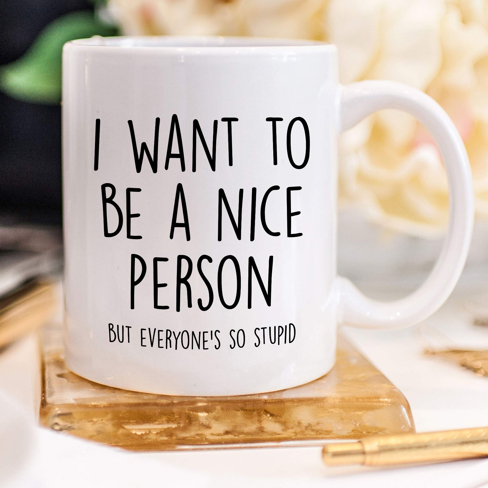 YouNique Designs Funny Coffee Mug - 'I Want to Be A Nice Person But Everyone Is So Stupid' - 11oz Ceramic Mug for Women & Men (White) - Perfect for Office, Home Use & Gift Giving
