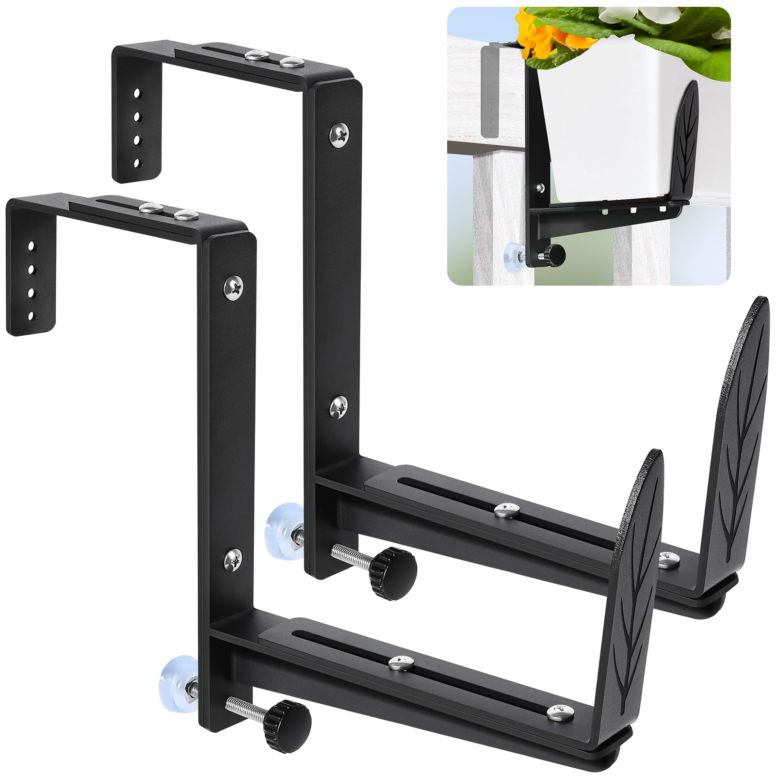 Heavy Duty Adjustable Window Box Brackets - 2 Pack Iron Planter Box Brackets with Upgraded Bottom Support for Deck Railing, Balcony, Fence & Garden - Perfect for Hanging Flower Boxes, Herb Gardens & Outdoor Decor