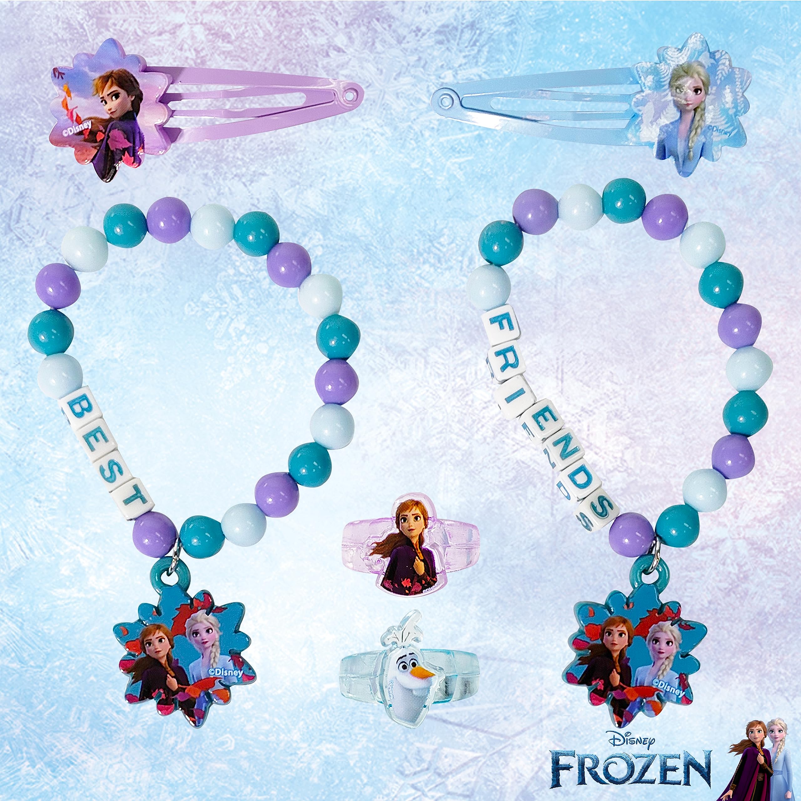 Frozen 2 Girls BFF 6-Piece Toy Jewelry Box Set with 2 Rings, 2 Bead Bracelets & Snap Hair Clips - Disney Princess Gift for Kids Birthday Party Favors, Dress Up & Role Play Accessories