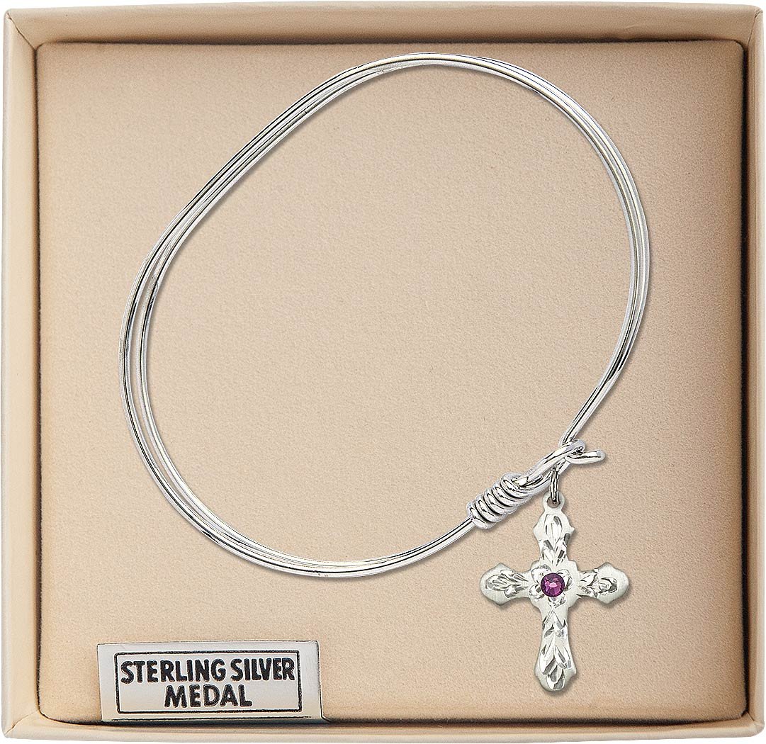 7 Inch Oval Eye Hook Bangle Bracelet with Cross Charm & February Birthstone Purple Crystal - Elegant Jewelry for Women, Gift for Valentine's Day, Birthday, Anniversary & Special Occasions