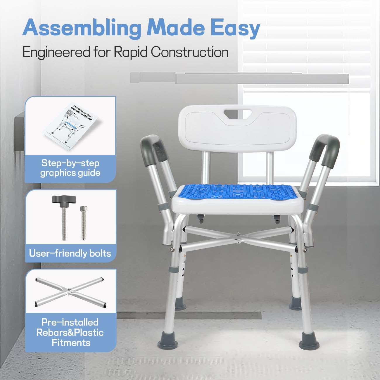 TABEKE Adjustable Shower Chair with Backrest & Padded Armrest - 500lb Capacity Compact Bath Seat for Elderly & Disabled - FSA/HSA Eligible Non-Slip Shower Bench with Suction Cups - Perfect for Safe Bathing & Handicap Accessibility in Home Bathrooms