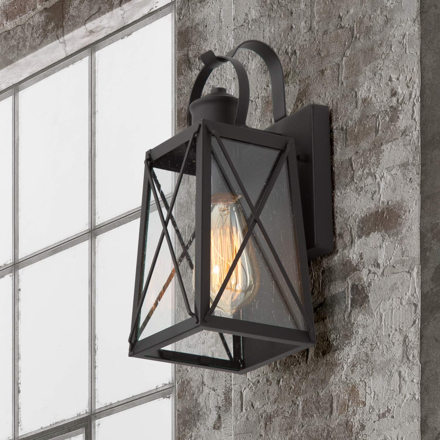 LNC Outdoor Wall Lights 2 Pack - X-Shape Seeded Glass Shade Matte Black E26 Socket Weatherproof Wall Sconce - Exterior Porch Lighting for House, Garage, Backyard, Patio & Garden (Perfect for Entryway, Deck & Pathway Illumination)