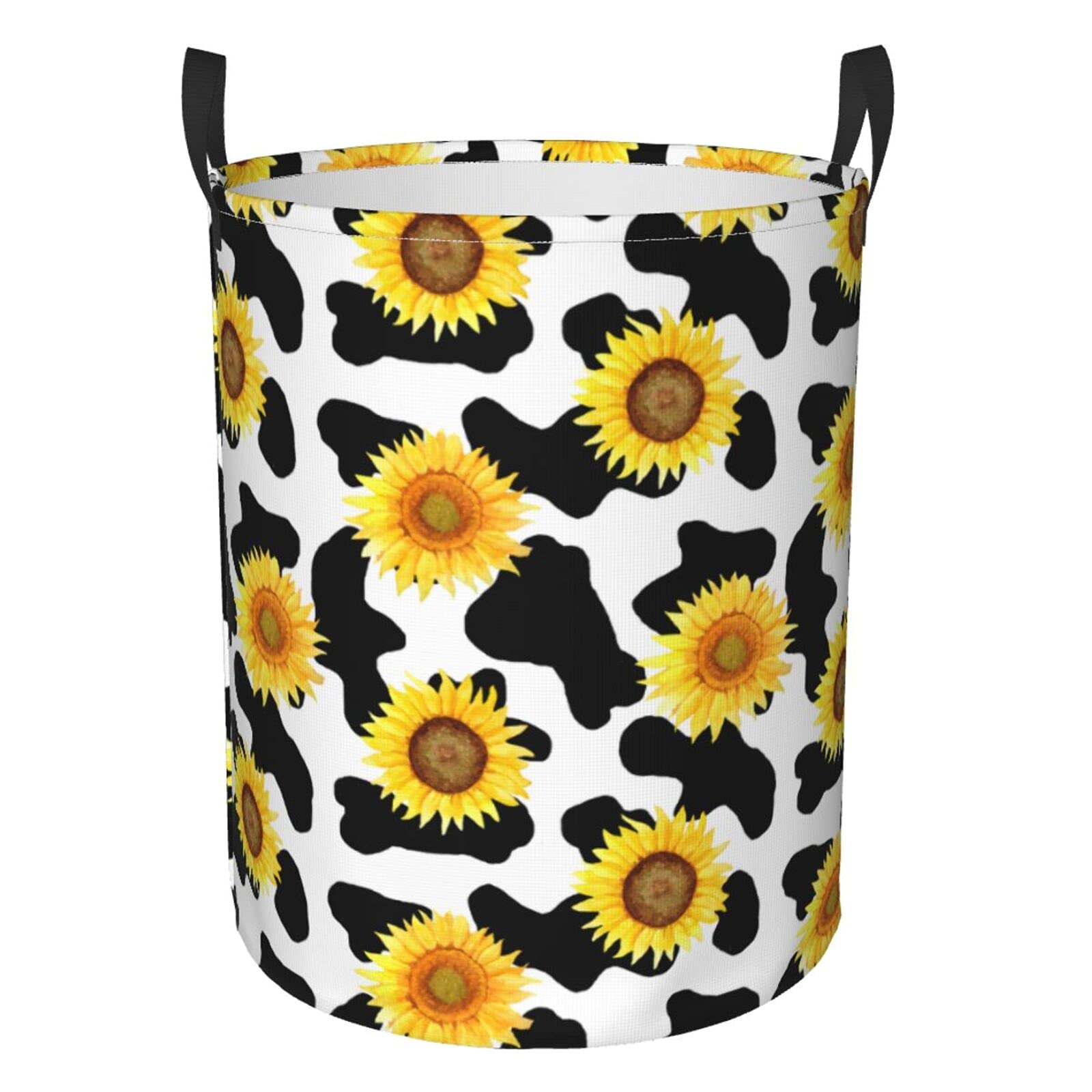 Sunflower Cow Print Collapsible Laundry Basket with Handles - Waterproof Fabric Hamper Organizer for Clothes, Toys & Bathroom Storage - Perfect for Laundry Room, Dorm & Nursery Organization