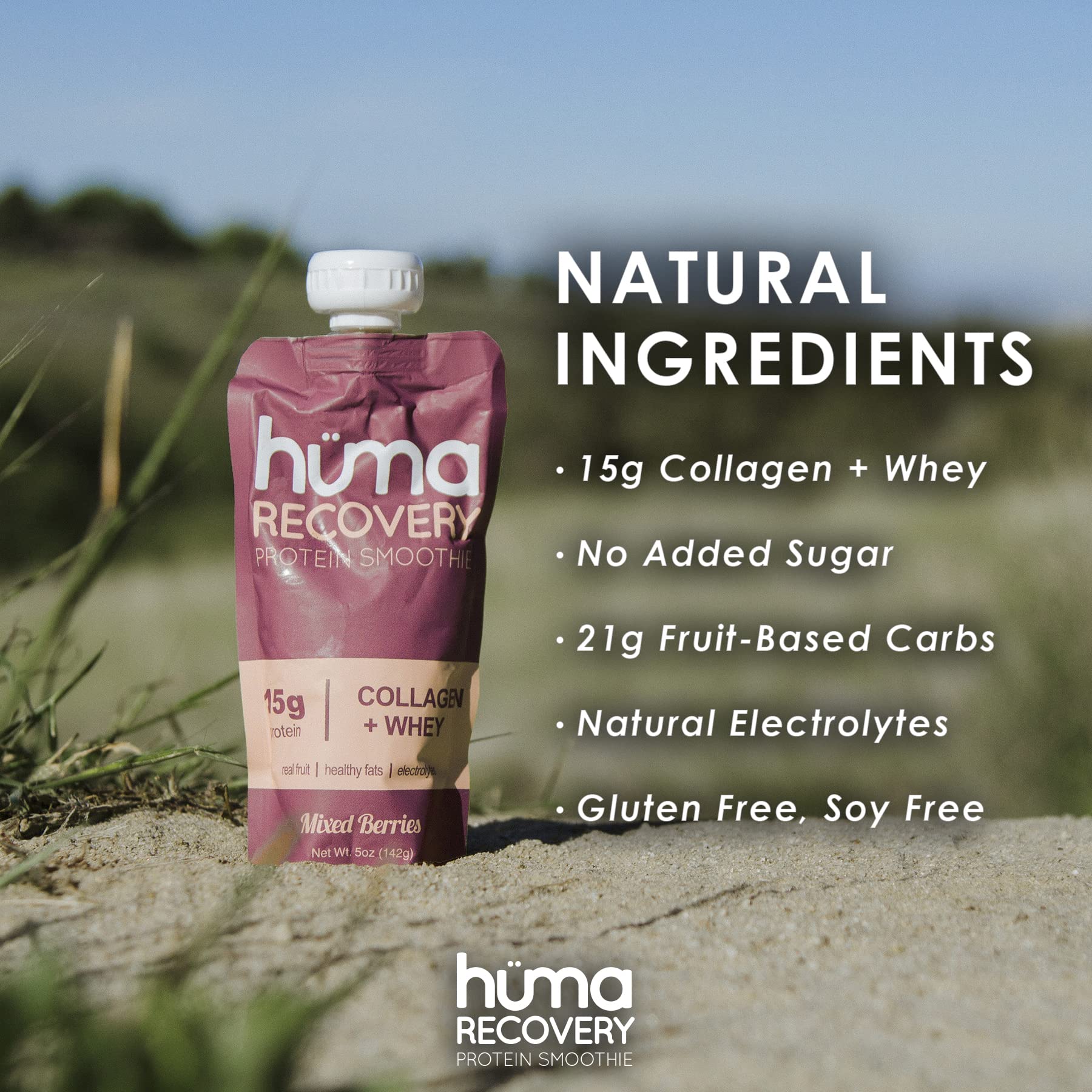 Huma Recovery Protein Smoothie - 15g Collagen & Whey Post Workout Drink - Ready-to-Drink Protein Shake with Real Fruit, Electrolytes & Healthy Fats - 6 Pack for Gym Recovery & Active Lifestyle