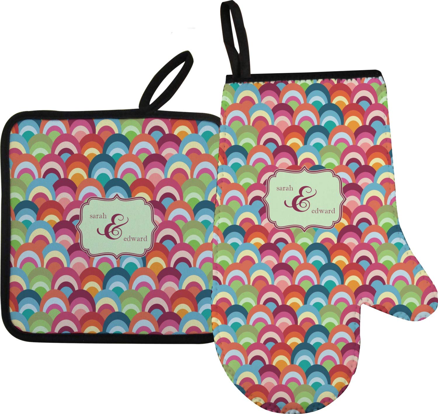 Personalized Retro Fishscale Oven Mitt and Pot Holder Set with Couples' Names - Perfect for Kitchen Cooking, Baking, and Gift Giving