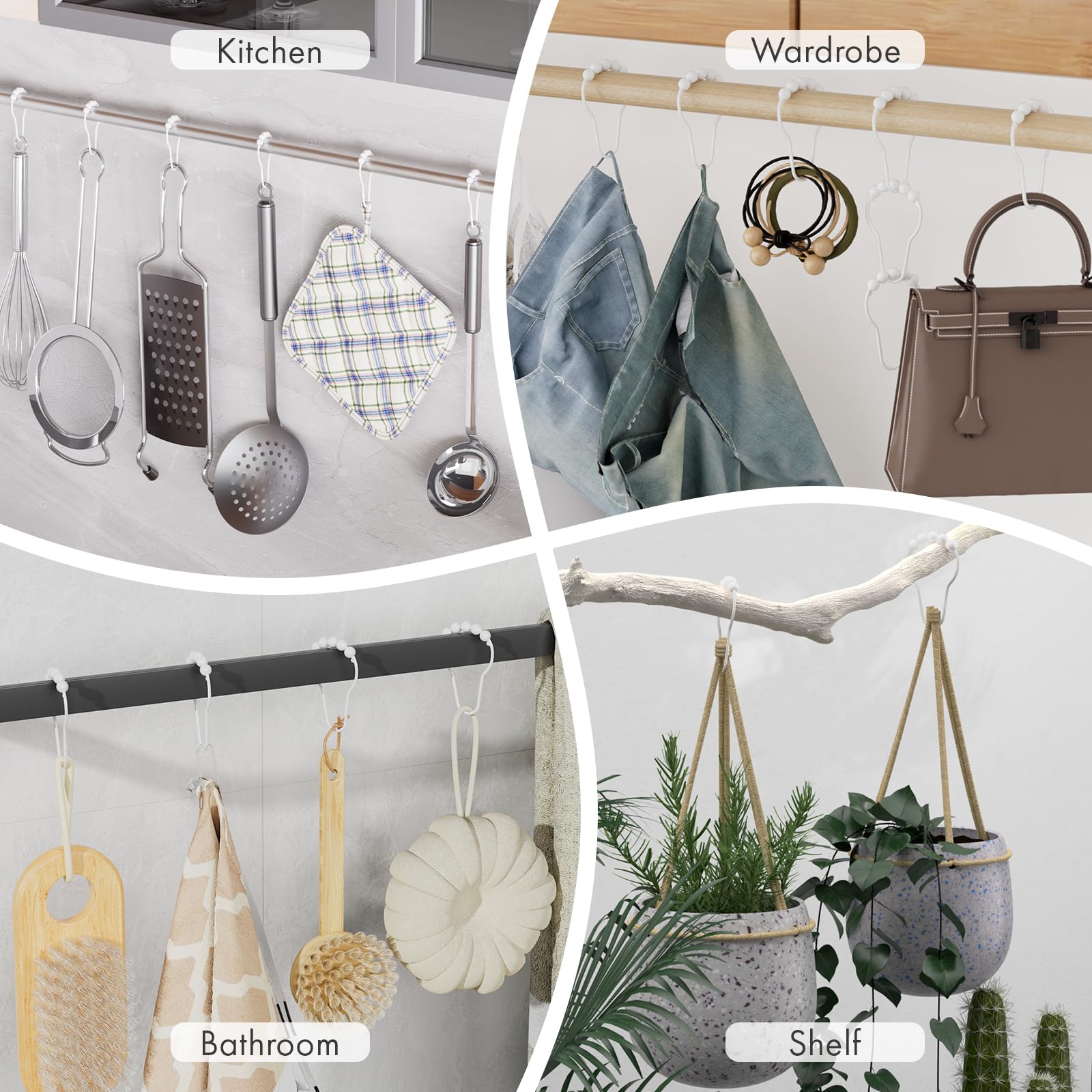 Amazer 12-Pack Rust-Resistant Stainless Steel Shower Curtain Hooks - Decorative Bathroom Hooks for Shower Rods, Polished White Finish - Perfect for Bathroom, Spa, and Hotel Decor
