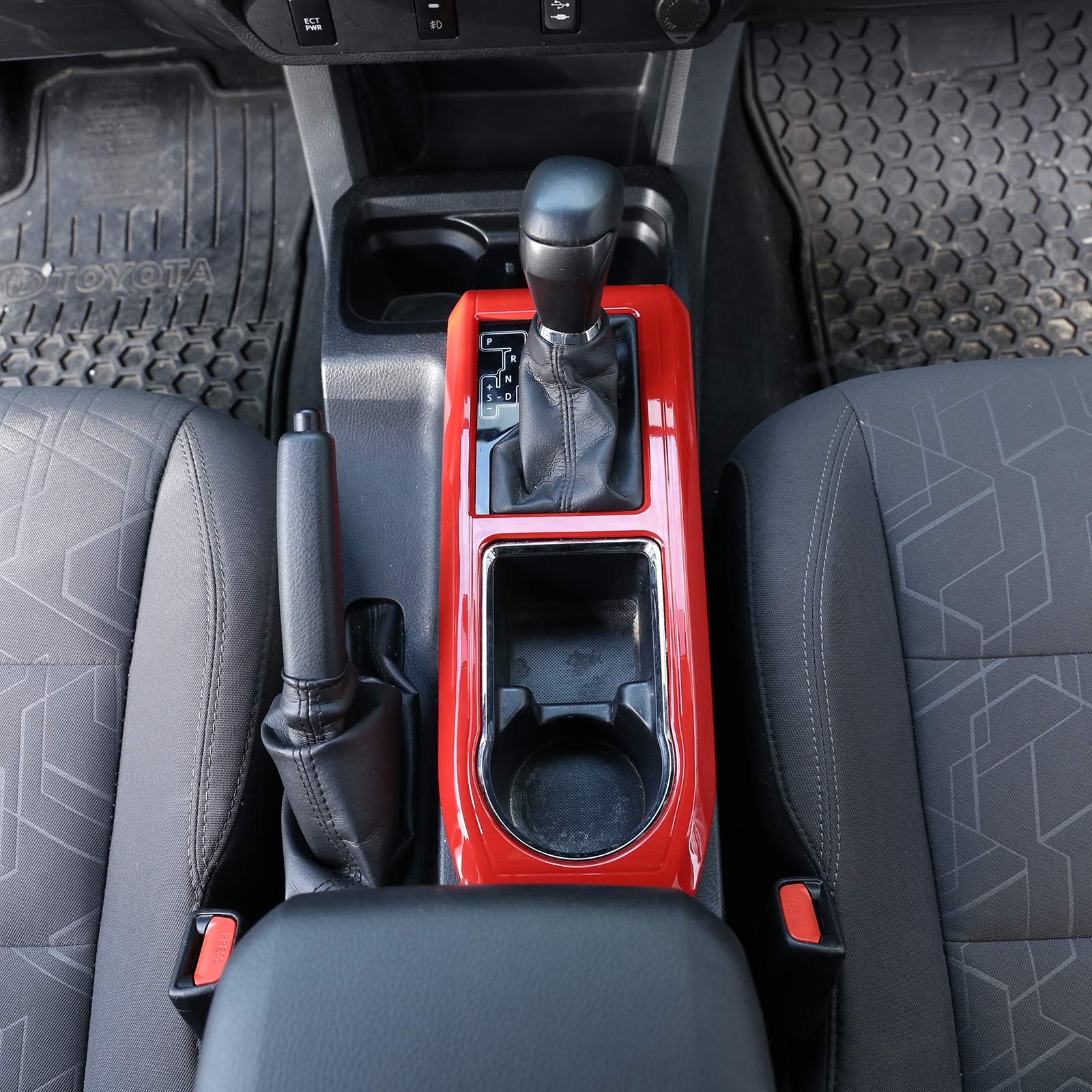 ABS Gear Shift Panel Protective Trim Frame Compatible with Toyota Tacoma 2015-2023 - Red Shift Knob Cup Holder Cover Accessories for Interior Car Protection & Style Upgrade